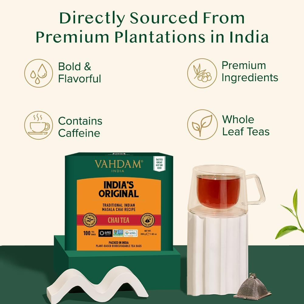 VAHDAM, India'S Original Masala Chai Tea Bags (100 Count) Non GMO, Gluten Free, No Added Flavoring | Blended W/Savory Exotic Spices | Whole Loose-Leaf Tea Bags | Resealable Ziplock Pouch image number 2