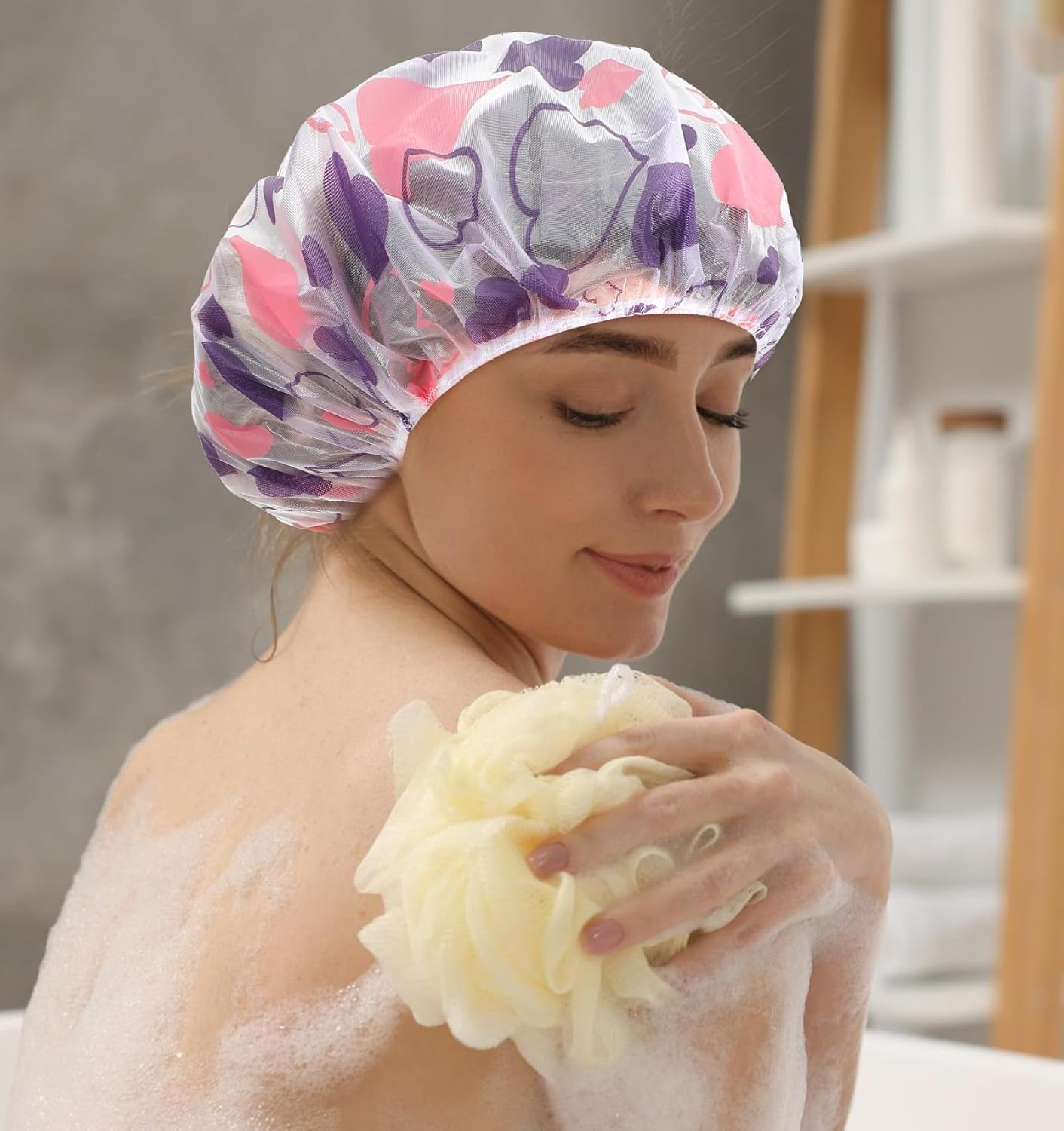 Shower Cap for Kids, 26-28 Cm Reusable Baby Shower Cap with Elastic & Sanded Imprint Design for Girls, Boys, Women, Bathroom, Makeup, Travel (Multi-Colored) image number 5