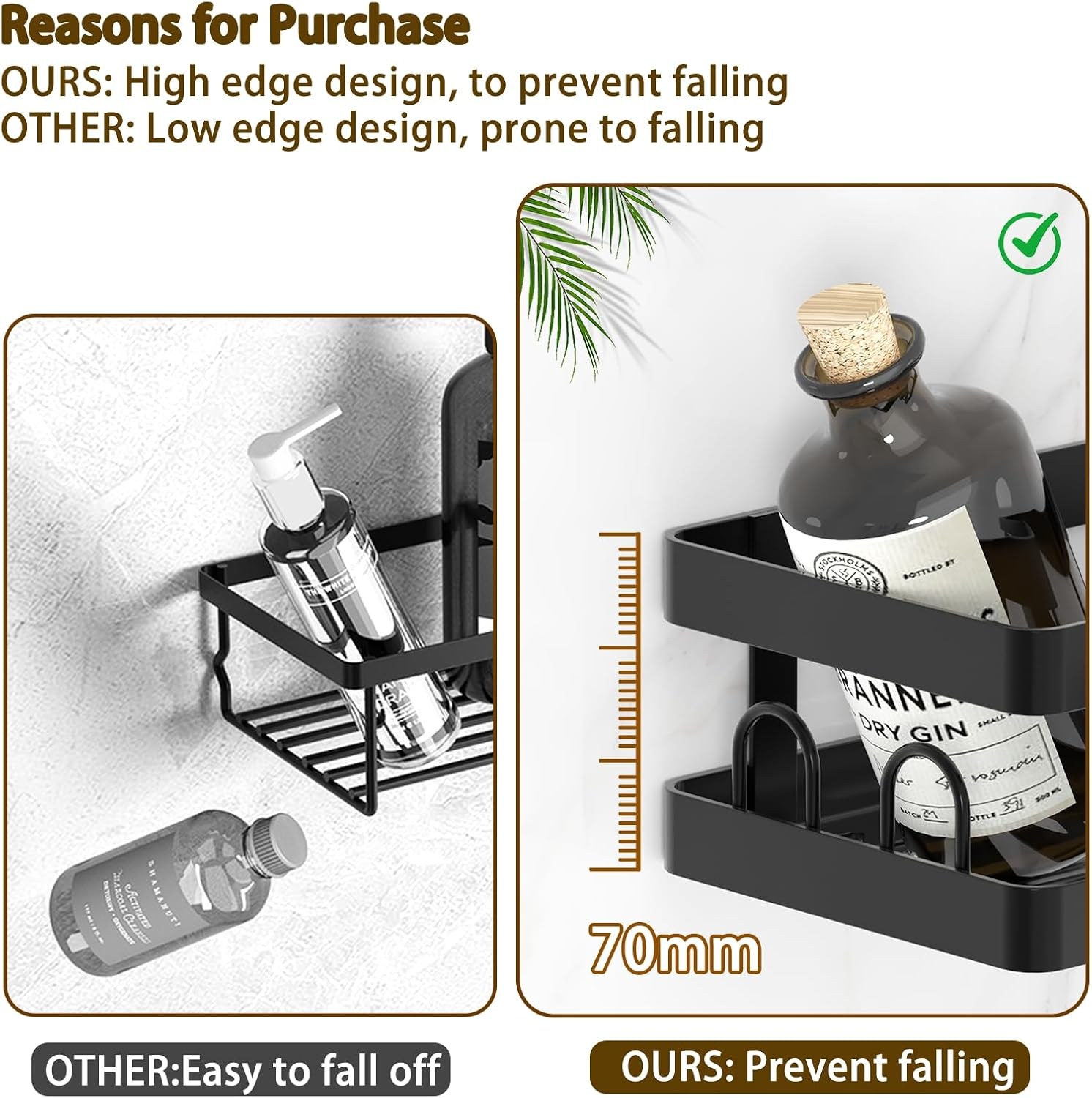 Gabeeriso Soap Holder Bathroom Shelf 2-In-1,Corner Shower Caddy,2 Pack Bathroom Shelves with 12 Hooks,Black Rust-Resistant Adhesive Shower Shelf No Drilling. (L-Shaped Black 2-Pack)