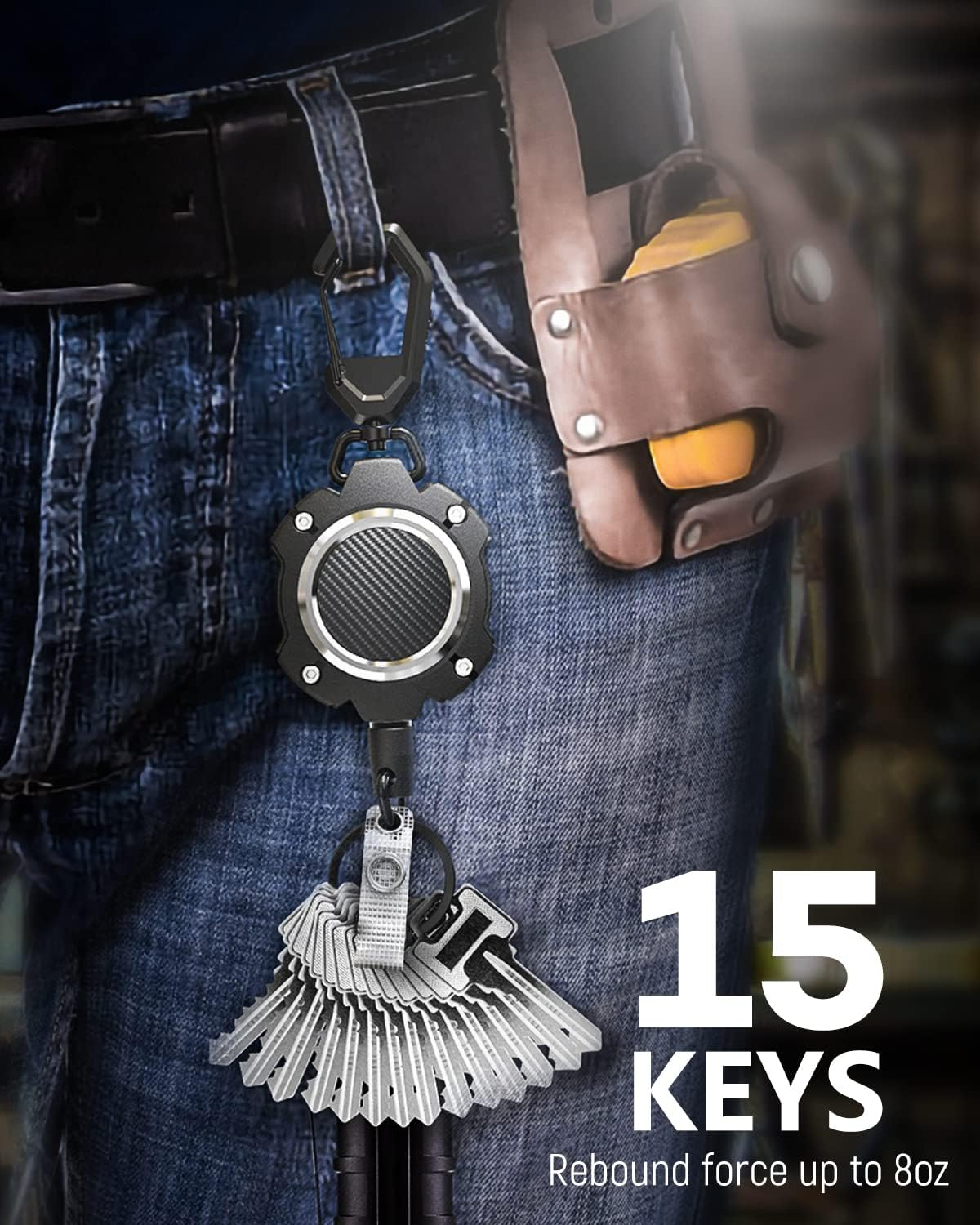 LIUGX 2 Pack Retractable Keychain, Heavy Duty Carabiner Key Chains, 10,000+ Rebound, Impact Resistance ID Badge Reels with 31.5&rdquo; Wire Rope and Key Ring, up to 8Oz, Aluminum Ring, Carbon Fiber-Texture - Gold image number 6