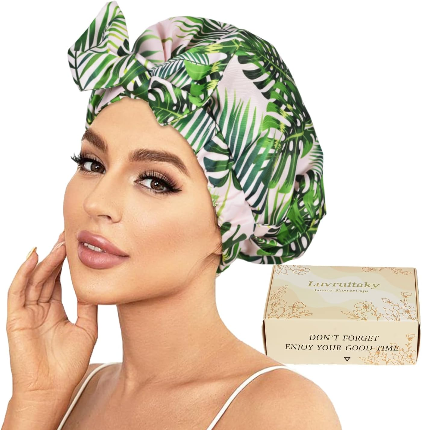 Luvruitaky Shower Cap Luxury Shower Caps for Women Reusable Waterproof Hair Cap for Shower with Adjustable Bowknot Hair Bath Cap (Black Stripe)