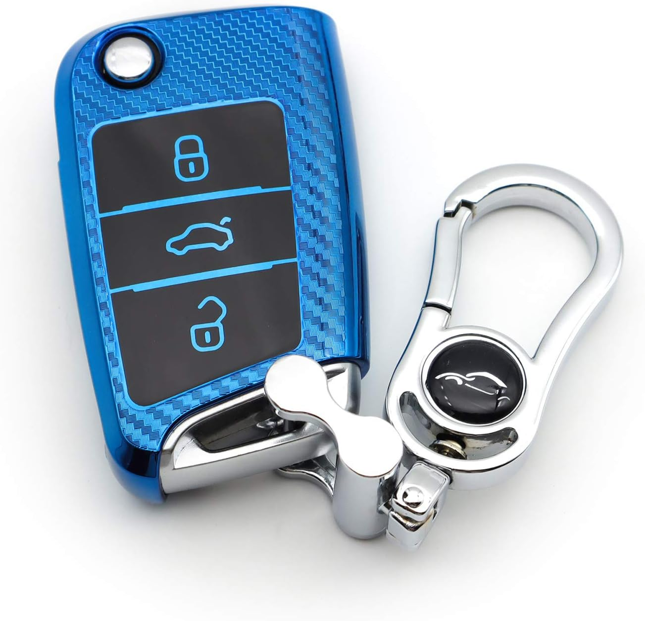 M.Jvisun Soft Carbon Fiber Finish Car Key Fob Cover for Volkswagen Atlas Golf Jetta Polo for Tiguan for Skoda Kodiaq Karoq for Audi A1 for Seat Ateca Leon Flip Key TPU Case with Keychain - Blue image number 2