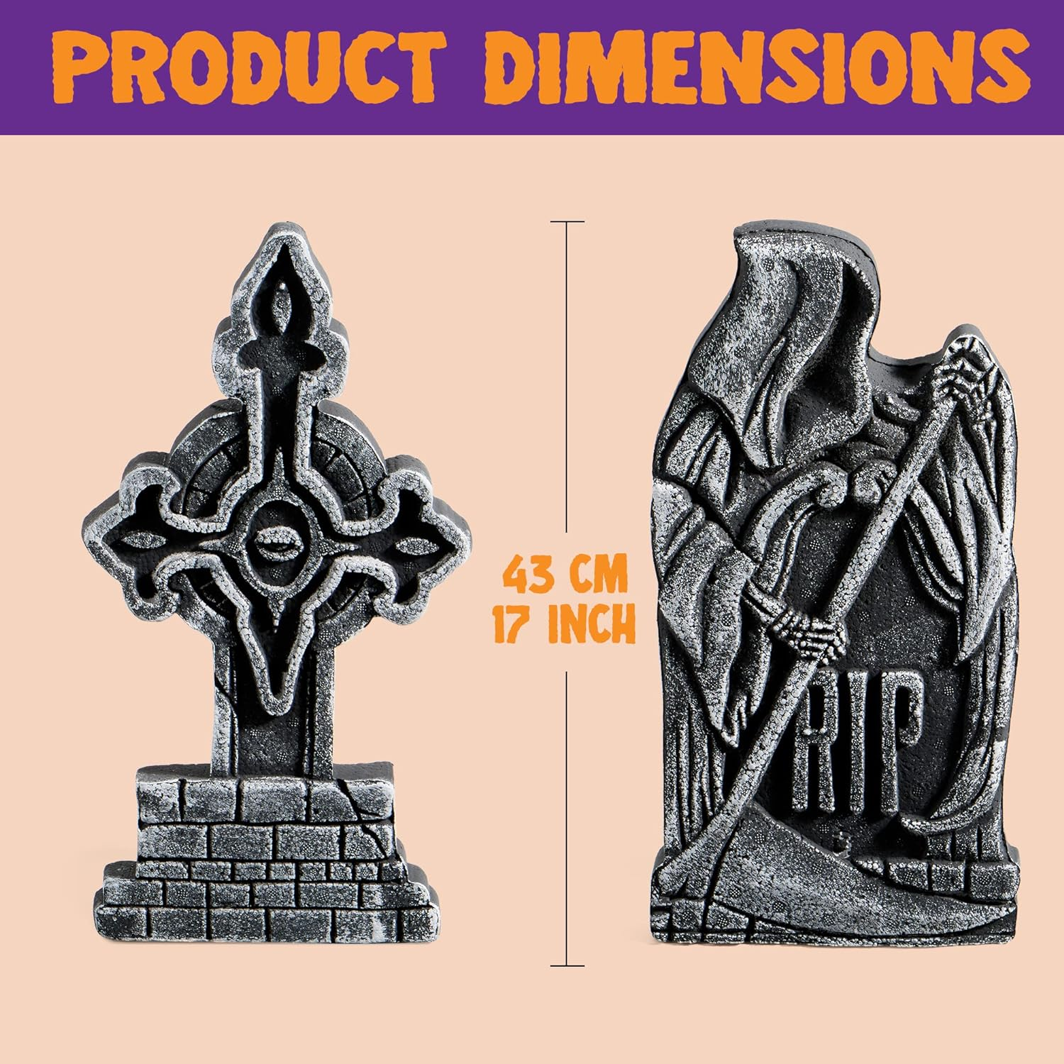 JOYIN 17&rdquo; Halloween Decorations Outdoor Tombstones, 5 Pack Halloween Foam Graveyard Headstone Decorations with 12 Bonus Metal Stakes for Yard Lawn outside Decor image number 3