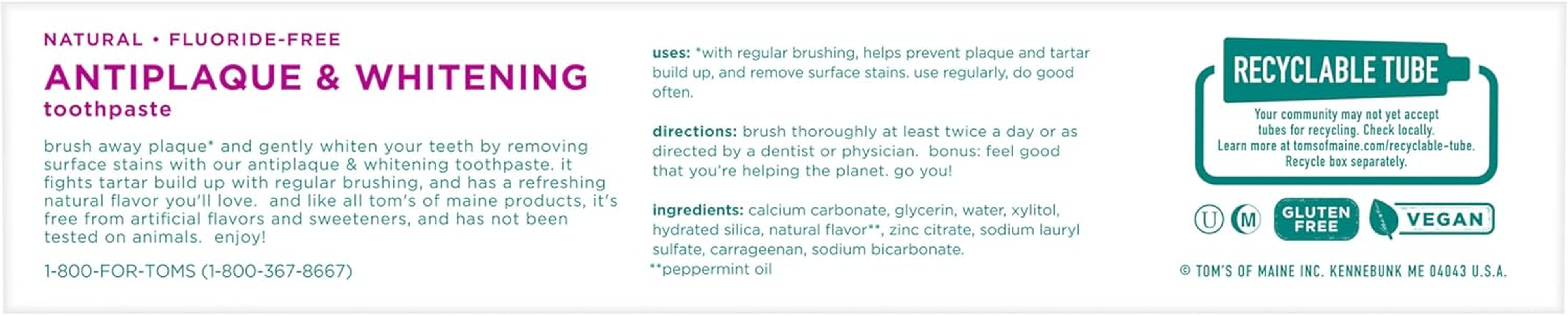 Tom'S of Maine Antiplaque and Whitening Fluoride-Free Toothpaste, Peppermint, 5.5 Oz., Pack of 2