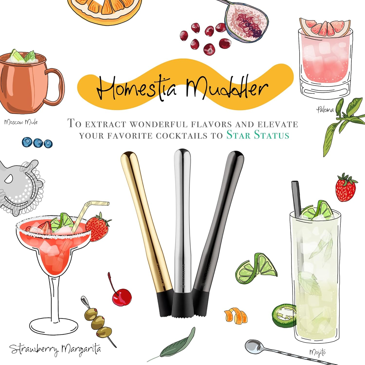 Homestia Drink Muddler for Cocktails - 10 Inch Professional Stainless Steel Muddler - Durable Cocktail Muddler Drink Smasher & Mojito Muddler - Wine Accessories Valentines Day Gifts (Black) image number 2