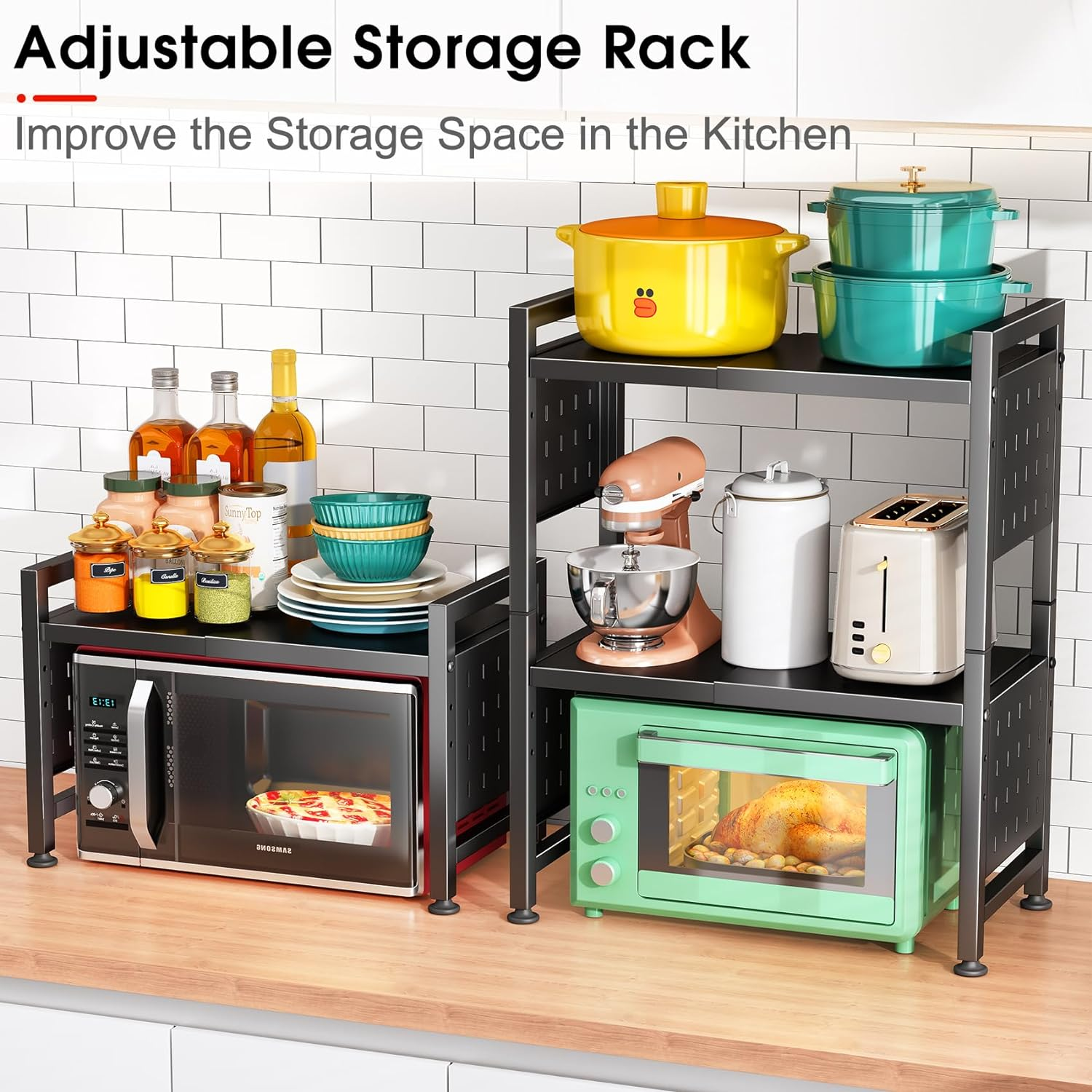 Expandable Microwave Stand,Heavy Duty 3-Tier Adjustable Height Microwave Oven Rack with 9 Hooks, Towel Rack, and Cutting Board Holder, Countertop Kitchen Shelf Organizer, Holds up to 180 Lbs, Black image number 4