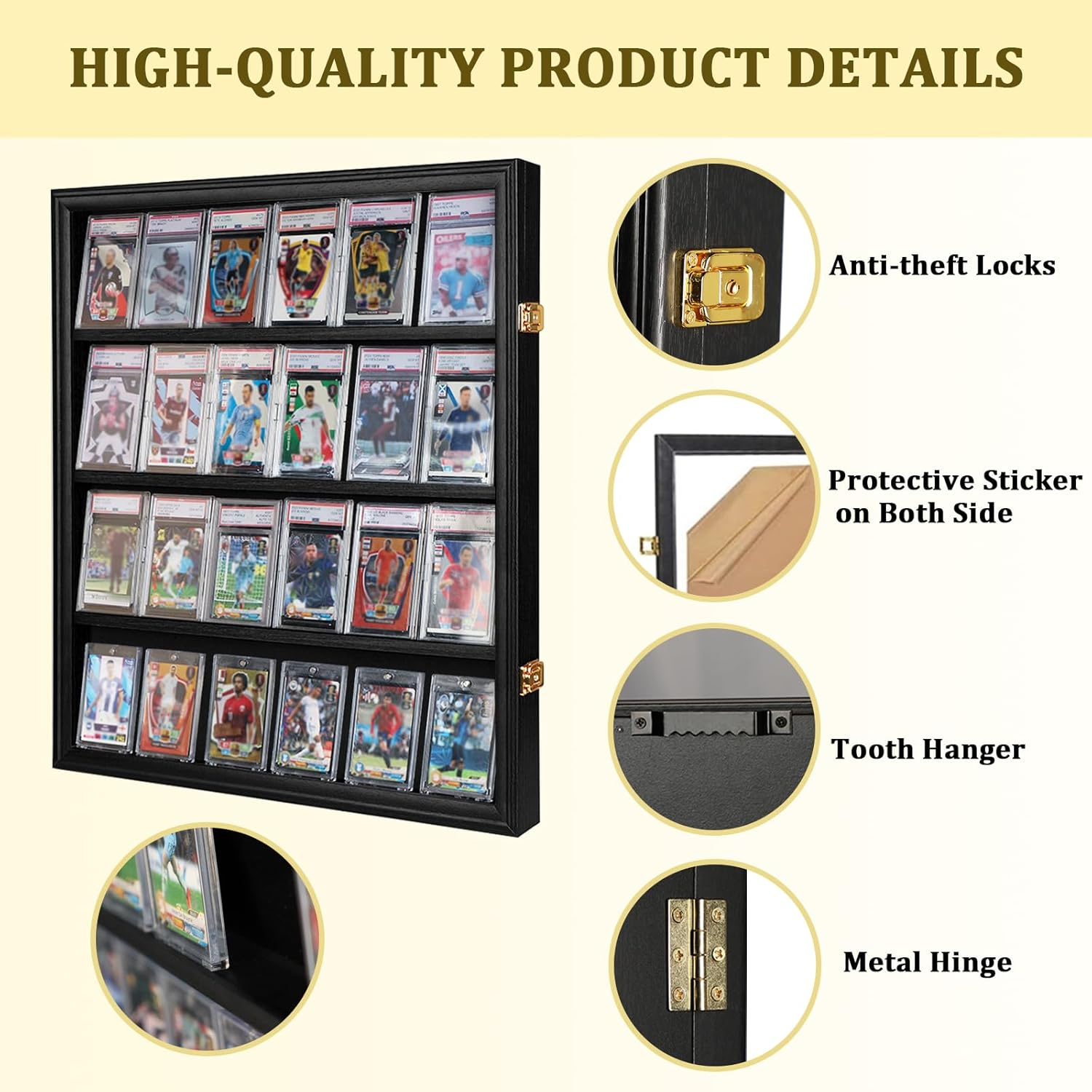 Graded Sports Card Display Case - 24 Baseball Card Display Case -Trading Card Frame Wall Display Lockable with UV Protection Acrylic Door for Football Basketball Hockey Cards,Black image number 5