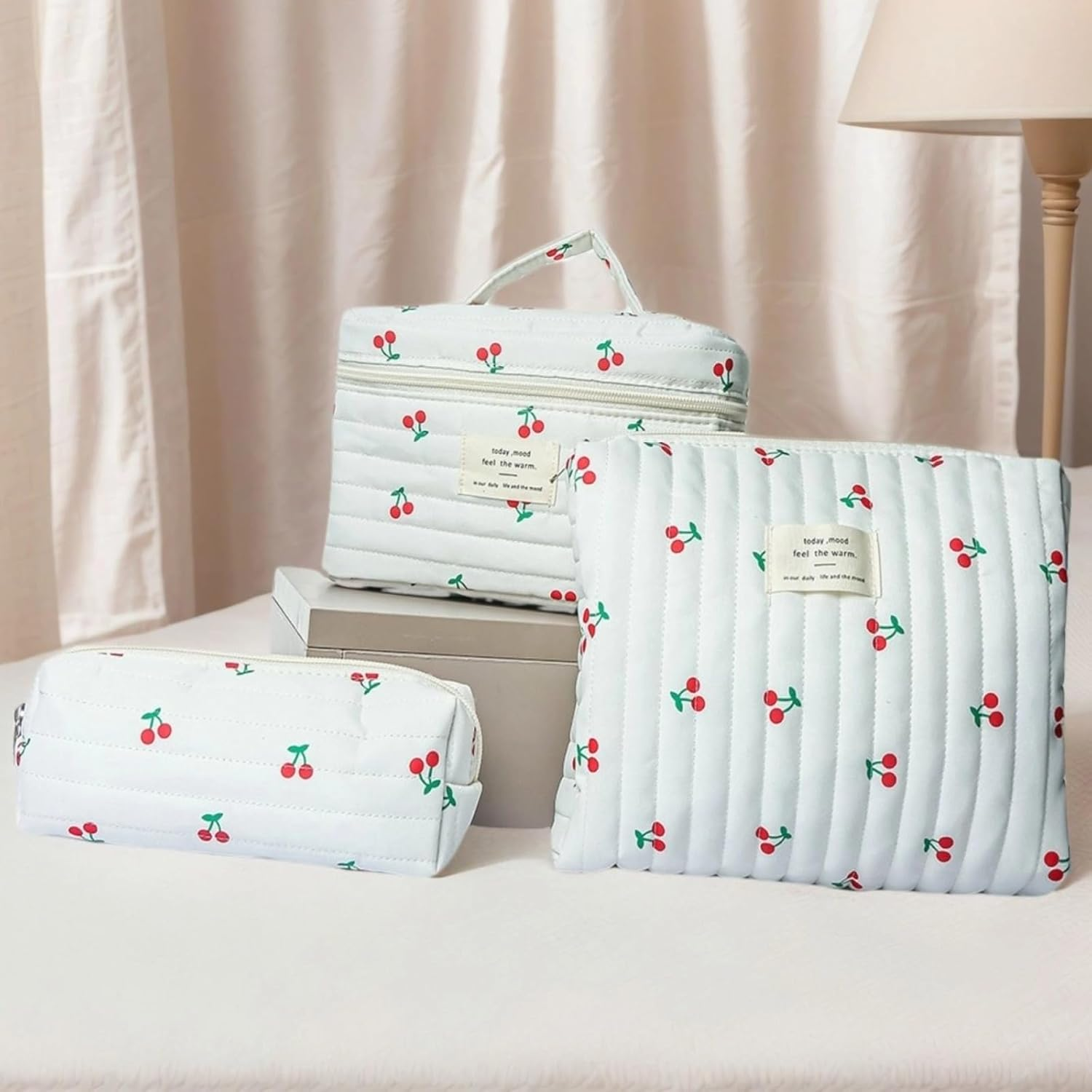 Poemtian 3Pcs Makeup Bag, Toiletry Bag, Cotton Quilted Makeup Bag Large Travel Cosmetic Bag, Cute Aesthetic Toiletry Bag for Women Girls