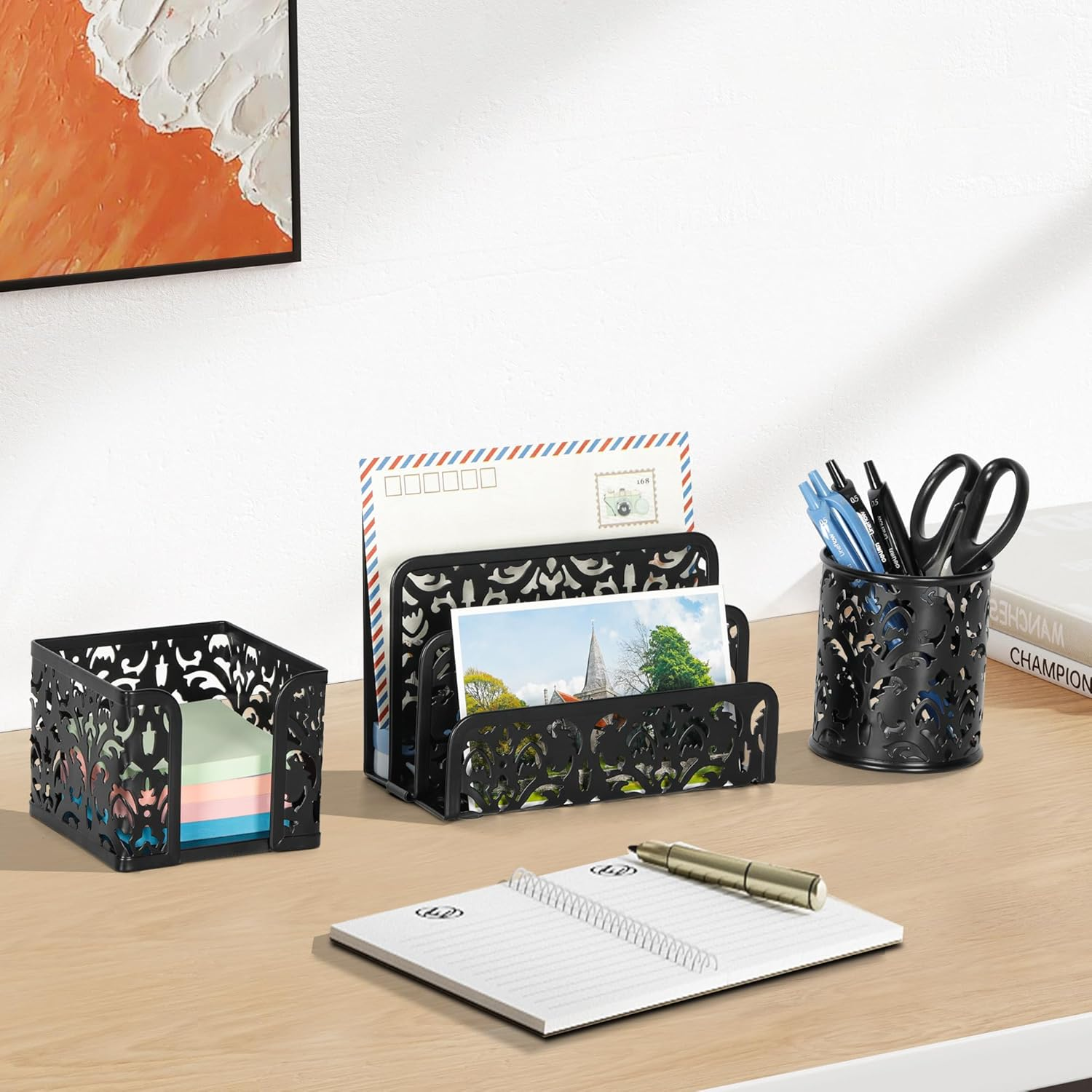 Easypag Desk Organizers and Accessories 3 Pieces Office Organizer Set - Pen Holder for Desk, Mail Sorter Countertop and Sticky Note Holder, Black - Gold image number 7