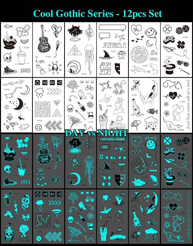 12 Sheets Glow in the Dark Tattoos Sticker Waterproof - Temporary Tattoos - Minimalist Cool Gothic Design - Makeup Body Art Tattoo Sticker Pack for Adults Kids - 10.5X6Cm - Steadyink&reg; image number 5
