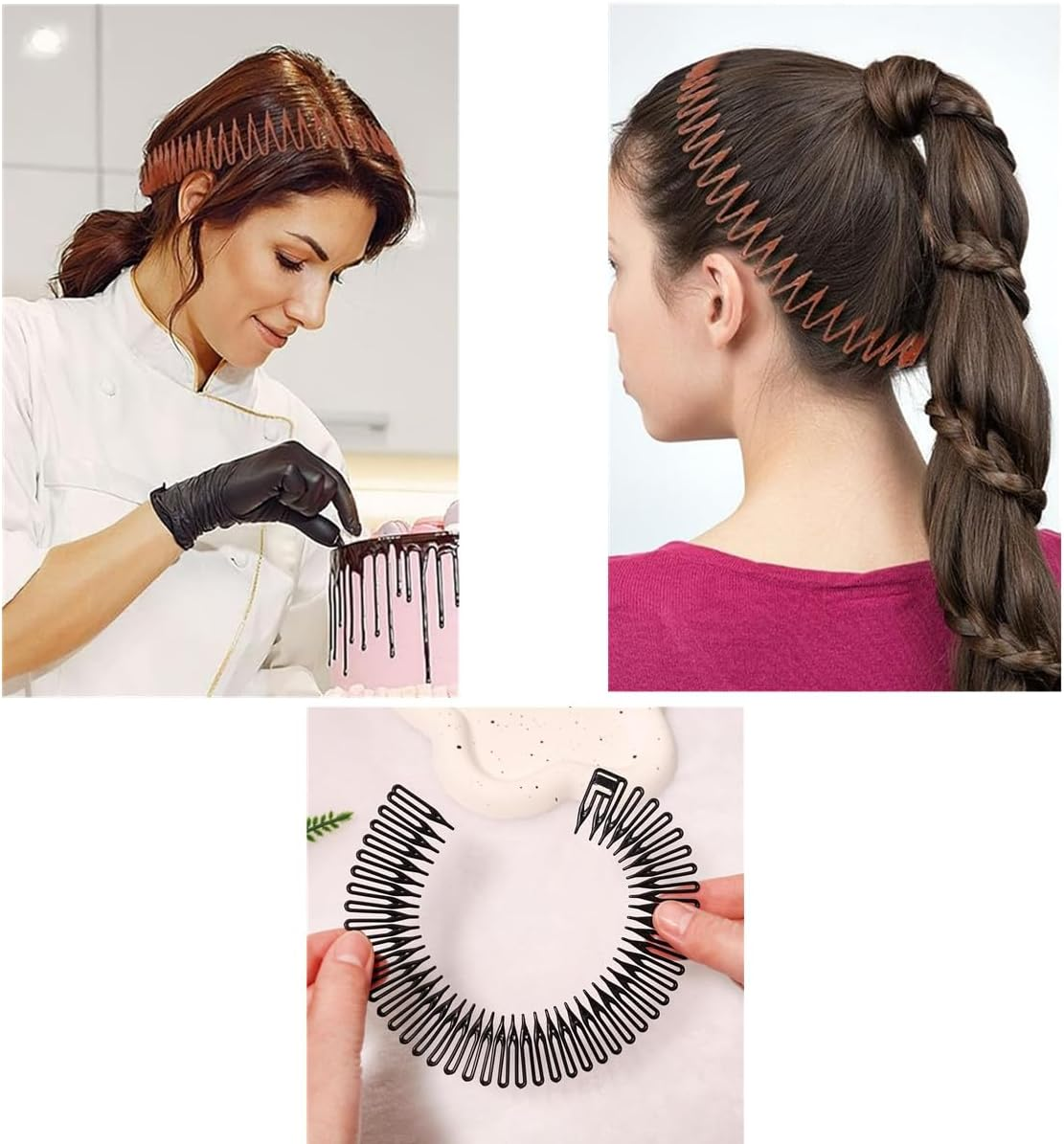 3 Pcs Plastic Elastic Soft Comb Headband for Women Men Girls,Flexible Plastic Headband with Teeth（ Black, Coffee, Transparent Color）