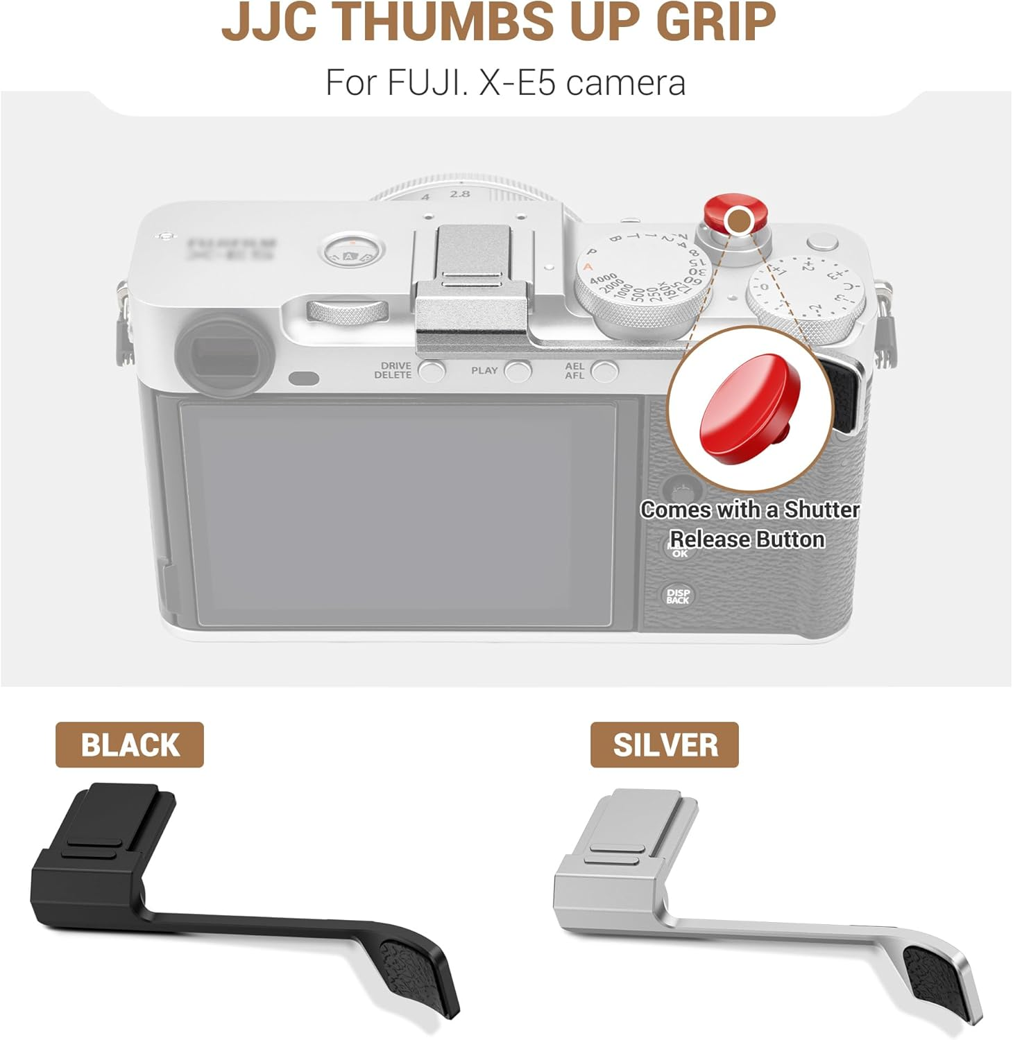 Thumb up Grip with Shutter Button for Fuji Fujifilm X-E5 XE5 Mirrorless Camera, Aluminum Alloy X-E5 Thumb Grip with Hot Shoe Cover Protector Thumb Rest Support Holder Not Affect the Use of Dial-Silver image number 7