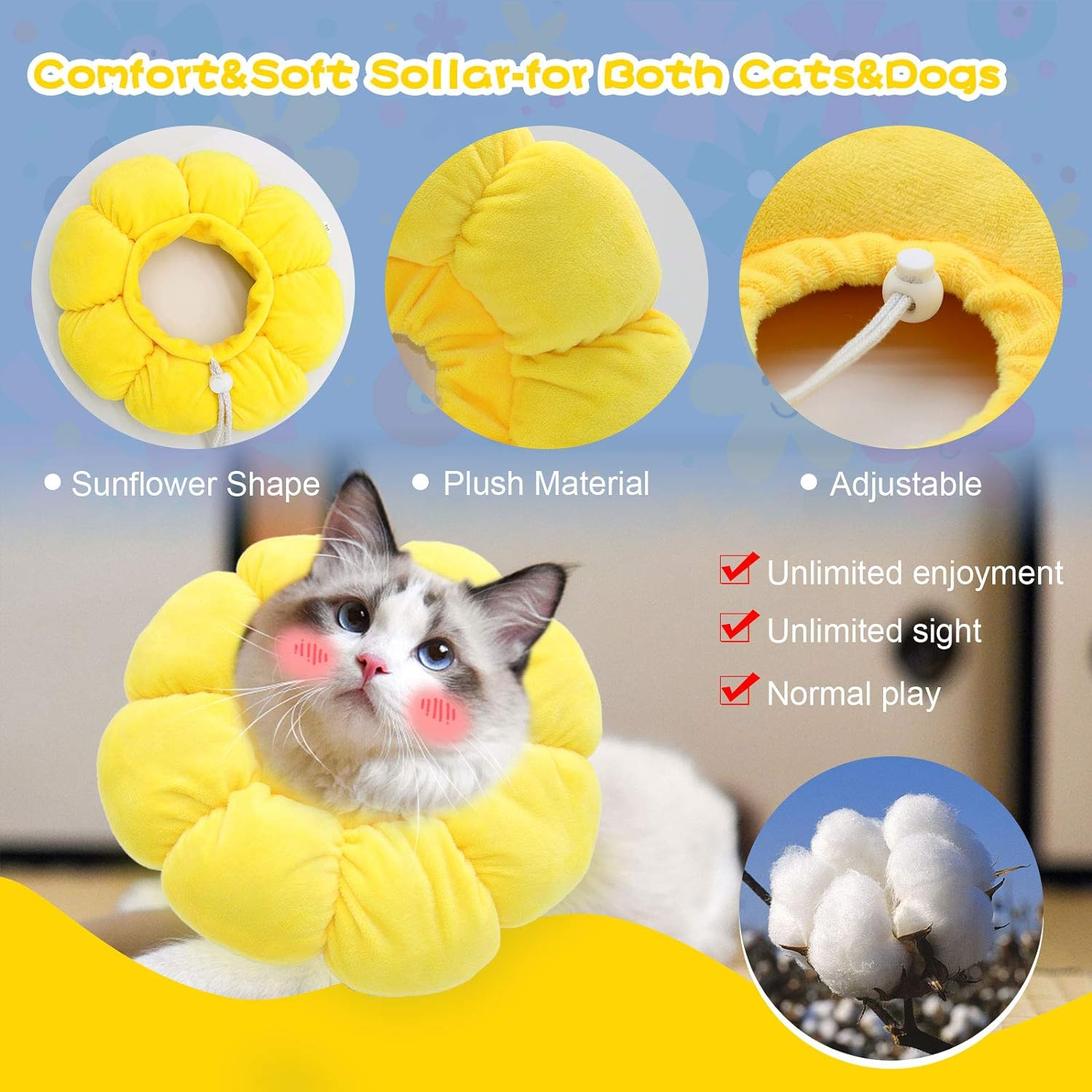 HYLYUN Cat Recovery Collar - Cute Sun Flower Neck Cat Cones after Surgery, Adjustable Cat E Collar, Surgery Recovery Elizabethan Collars for Kitten and Cats image number 5