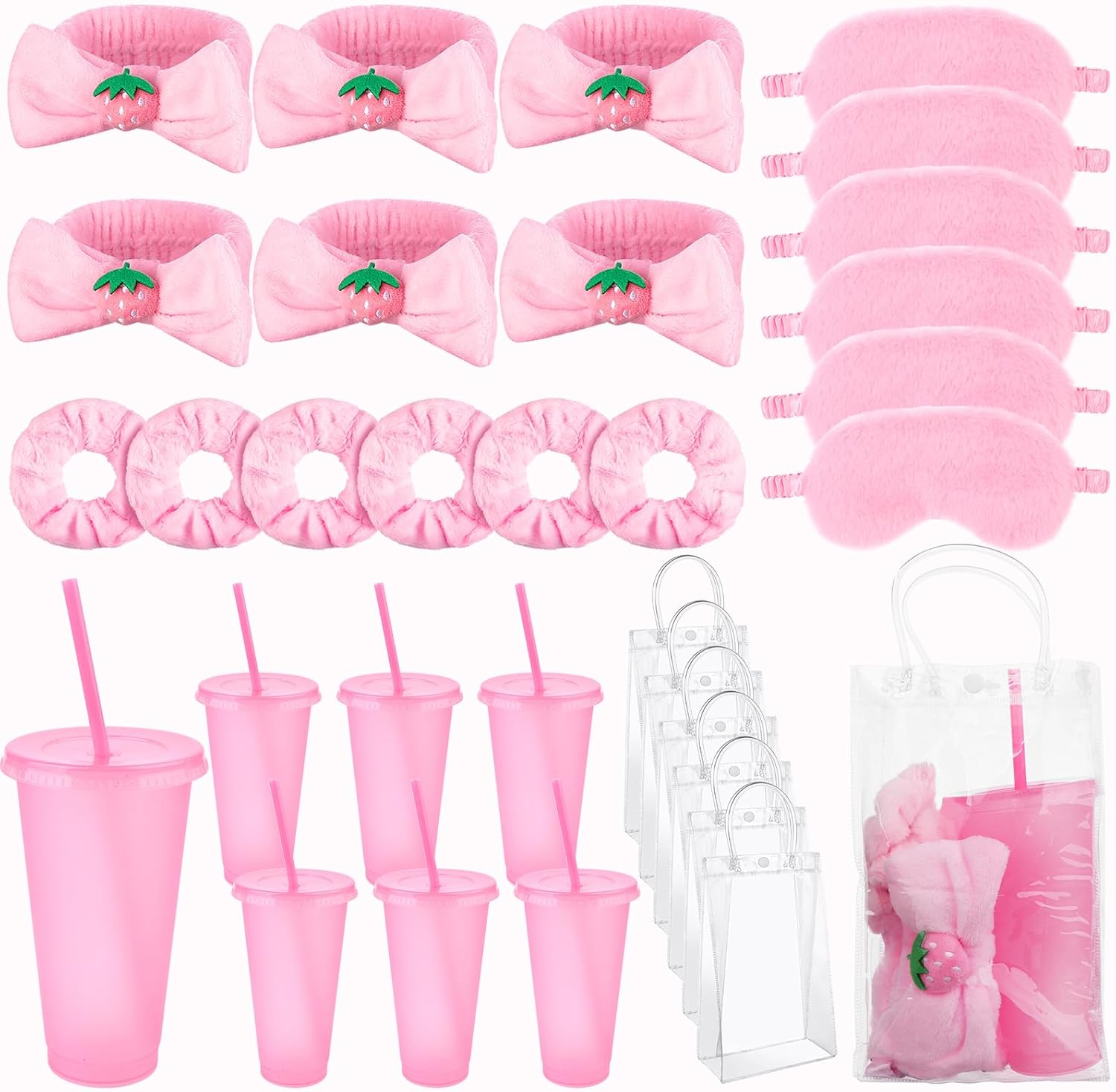 30 Piece Party Set Pajamas Girls Gift 6 Cute Hair Bobbles for Women 6 Spa Plush Sleep Masks Pink 6 Reusable Sequin Cups 6 Makeup Headbands 6 image number 1