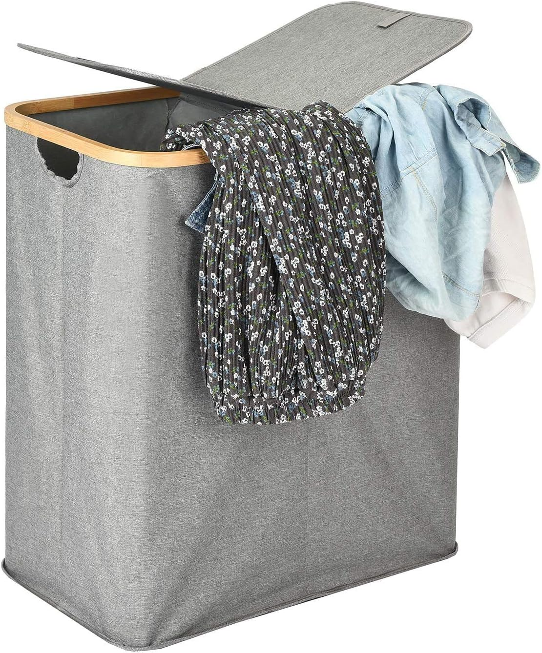 ALINK Divided Folding Bamboo & Canvas Laundry Hamper- Double Large Laundry Basket with Lid - Modern Collapsible Hamper with Handles, Waterproof Liner, Great for Adults, Bedroom, Bathroom, Living Room image number 2