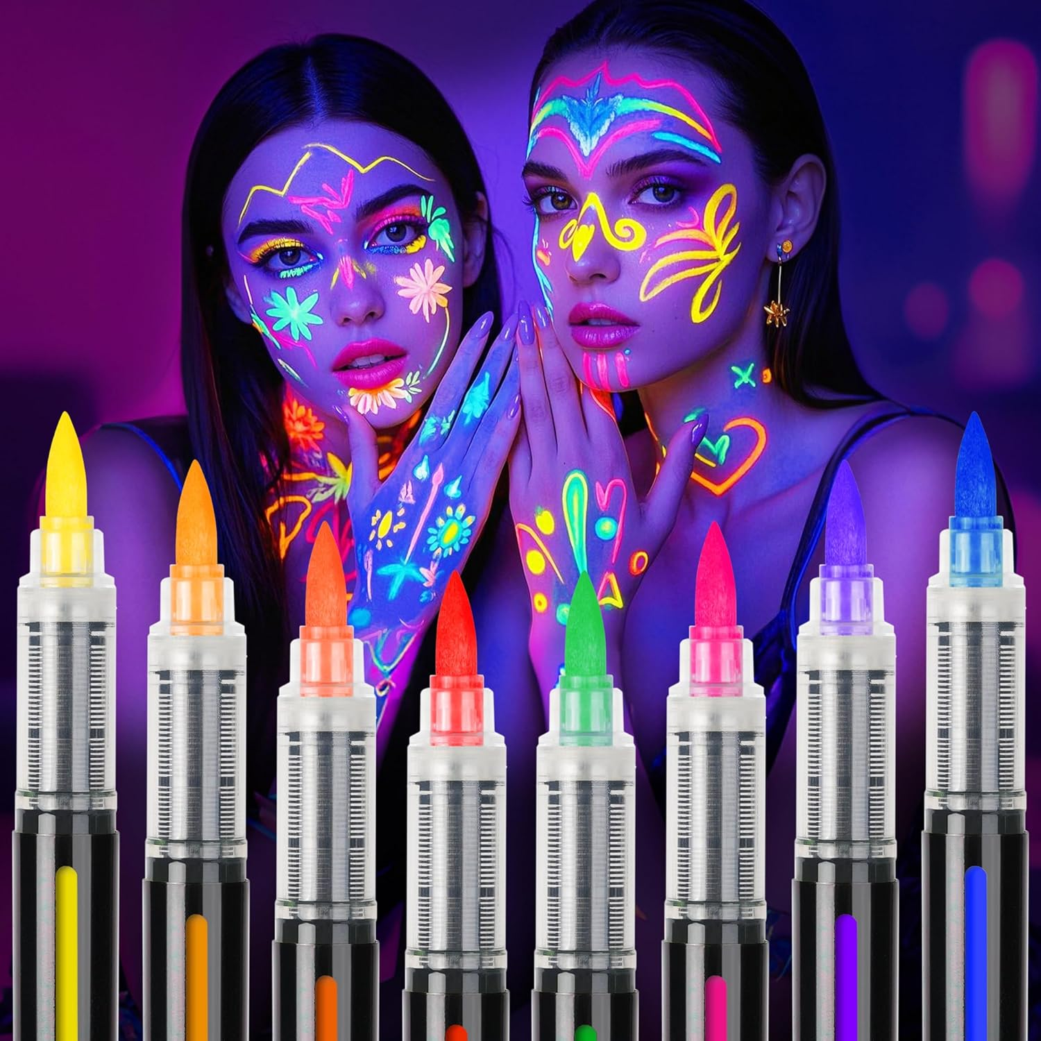 Theast 8 UV Neon Face Paint Pens, Glow in the Dark under UV Light Body Painting Kit, Tatto Markers for Skin Washable, Face Makeup for Party Favors image number 4