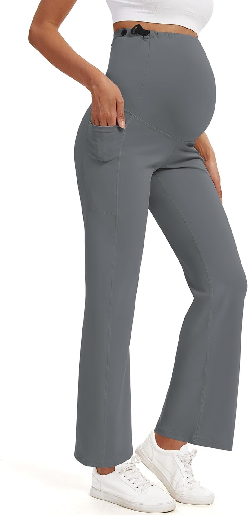 M MOTEEPI Maternity Yoga Pants over the Belly with Pockets - Stretchy Pregnancy Wide Leg Dress Trousers for Work Lounge