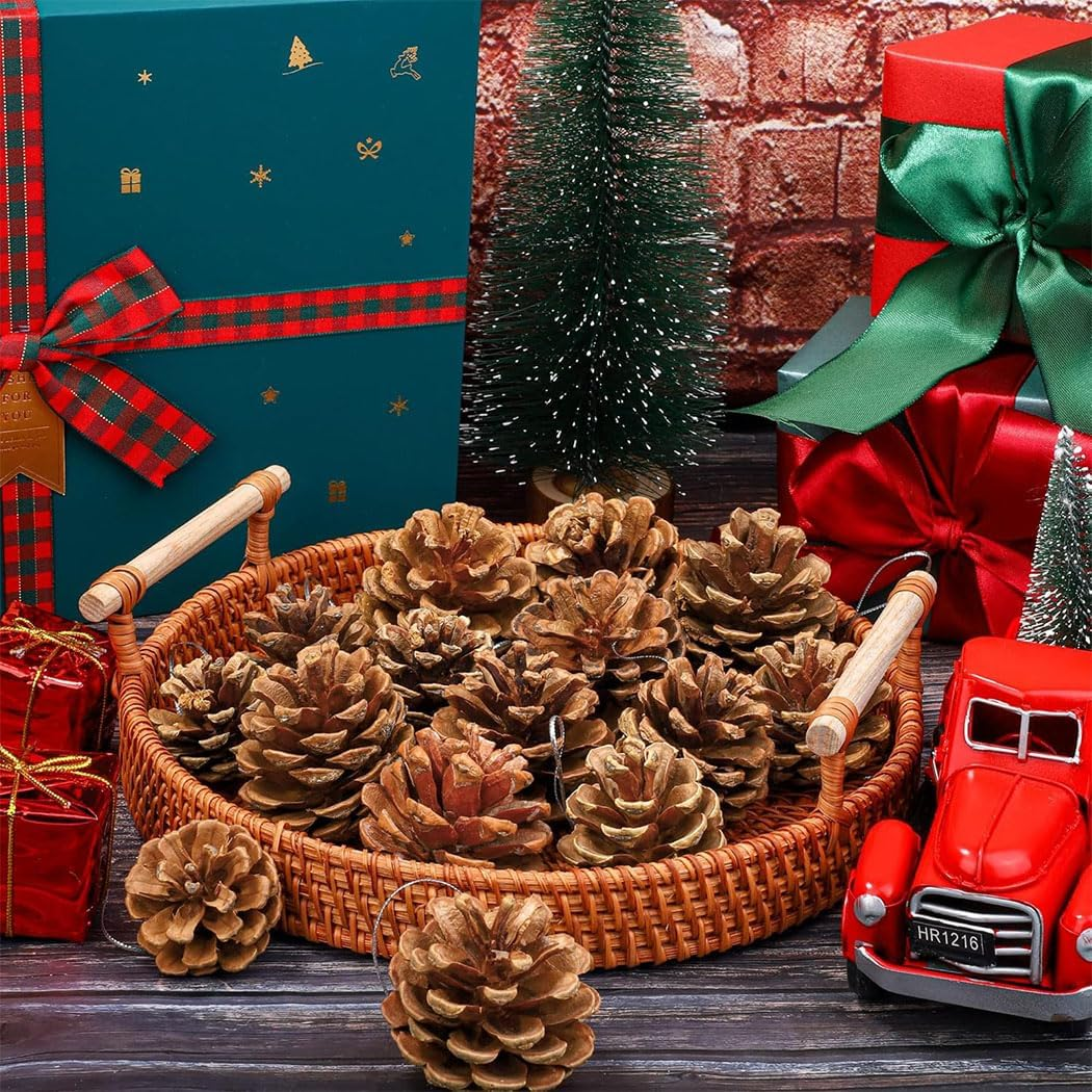 20 Pieces Christmas Pine Cones with String Mini Rustic Pinecones Bulk Rustic Snow Pinecones Ornaments for Xmas Tree Crafts Holiday Home Party (Brown, 5-6Cm) image number 5