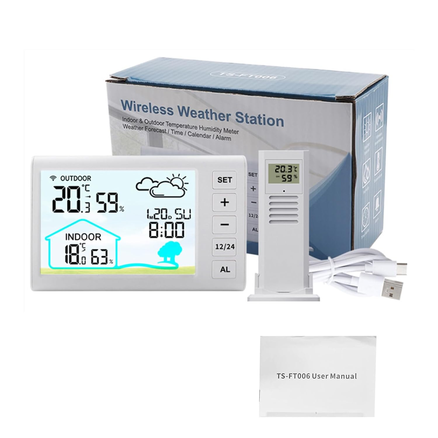 Weather Stations Wireless Indoor Outdoor Thermometer, Home Weather Station, Digital Temperature Display Clock Alarm Adjustable Backlight image number 1