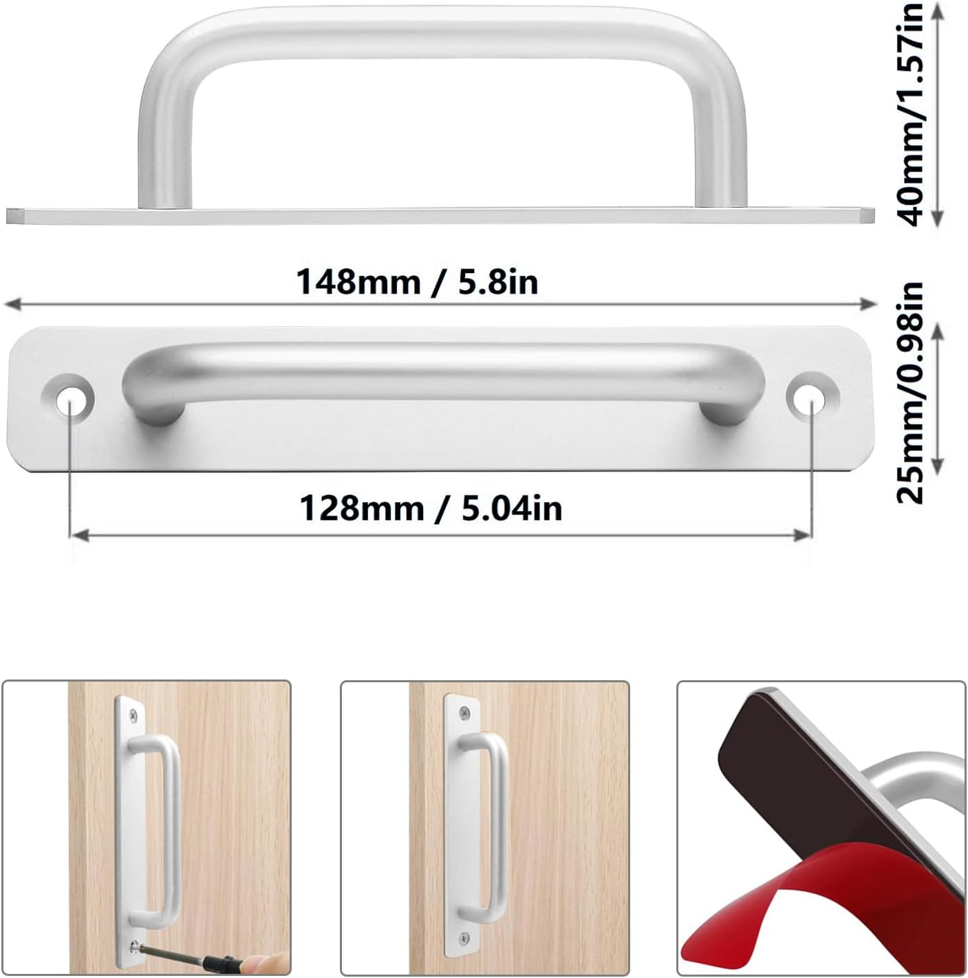 Cabinet Drawer Door Pulls Handle: Aluminum Alloy Self-Stick Instant Adhesive Sliding Door Push Pull Handles Helper with Screws for Kitchen Wardrobe Cabinet Drawer Window Closet (Silver, 148Mm) image number 3