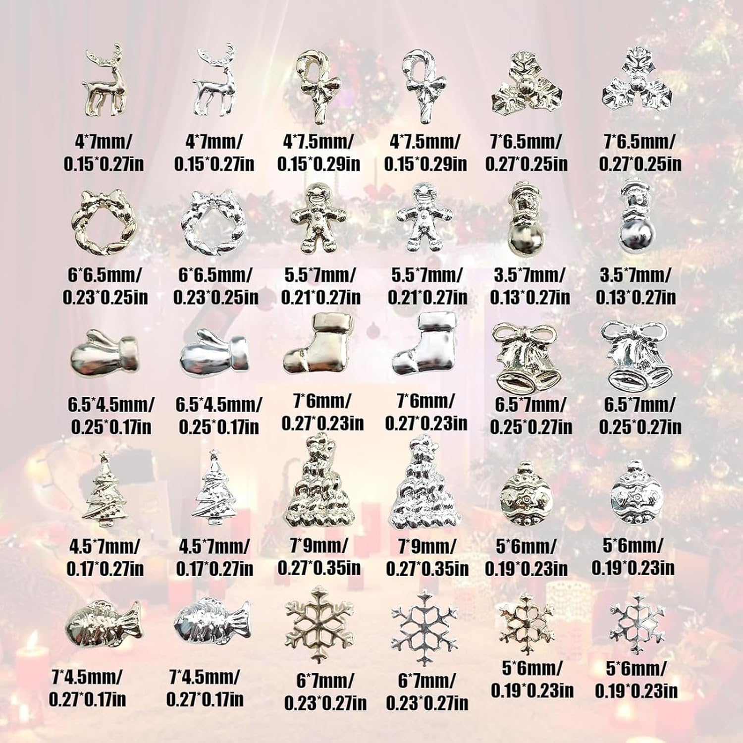 Itadaku 60 PCS Alloy 3D Christmas Nail Decorations Set, Snowflake Bell Snowman Elk Designs, DIY Ornaments, Metallic Nail Charms for Holiday image number 5