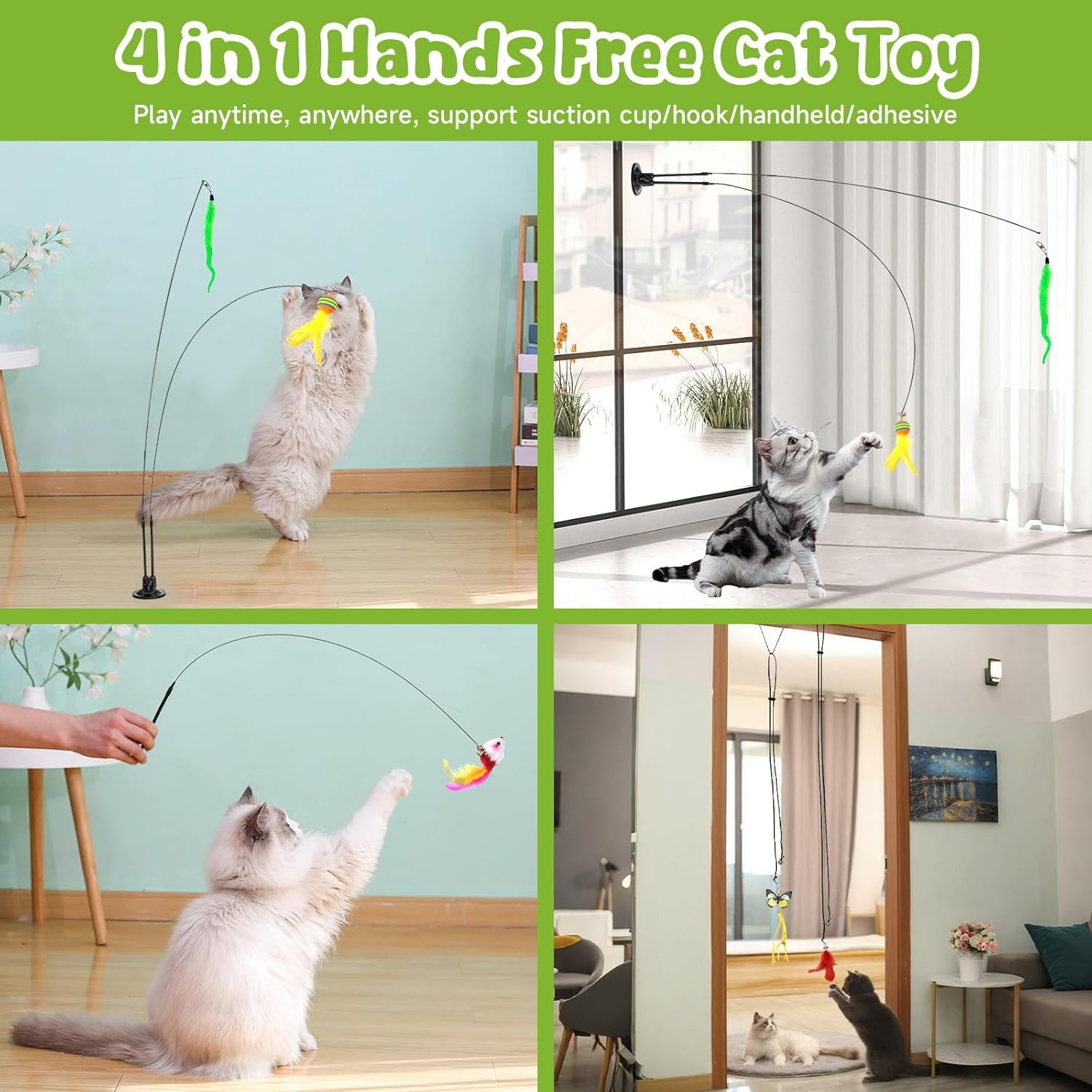 Pearyaest 20 Pack Cat Toys for Indoor Cats,4-In-1 Interactive Feather Teaser Cat Toy Set,Interactive Cat Toy with Rotatable Suction Cup,Replacement Hooks,Caterpillar,Butterfly,Rainbow Ball