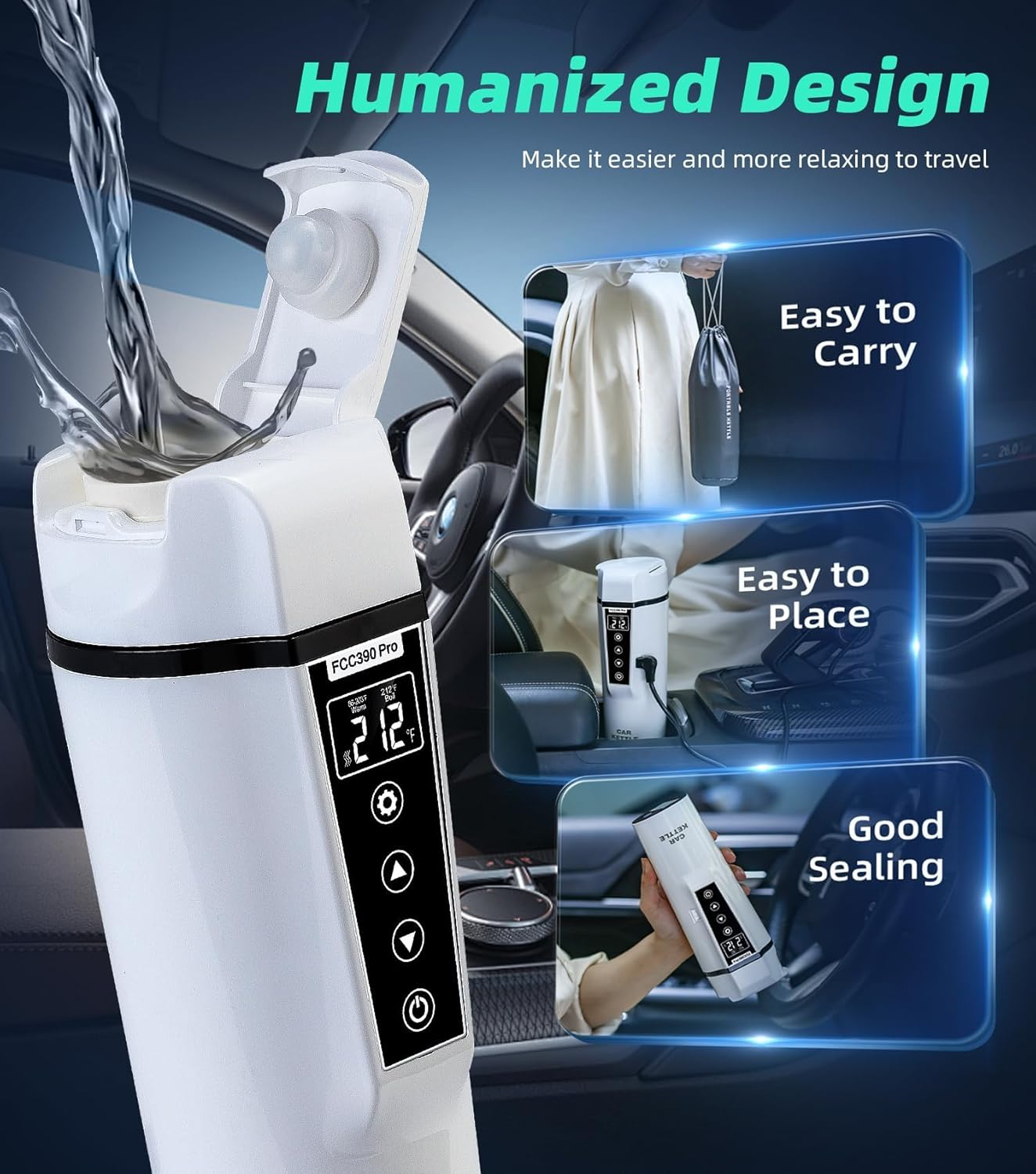 Kettles 12V/24V Mini Car Electric Kettle for Travel Camping Coffee Tea Milk Warmer Cup,Portable Water Boiler Heated Handy Travel Mug Stainless Steel Instant Hot Water Dispenser (White) image number 6