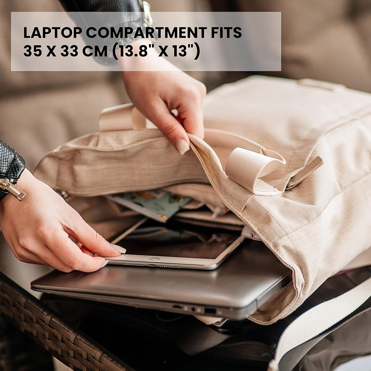 Nordace Siena II Totepack Travel Backpack for Men & Women with USB Charging Port, Water Resistant - Bookbag for Everyday - Beige image number 4