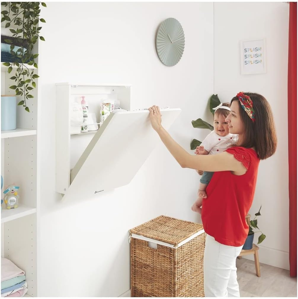 Badabulle Wall Mounted Changing Table, Fold down Baby Changing Unit with Changing Mat and Storage