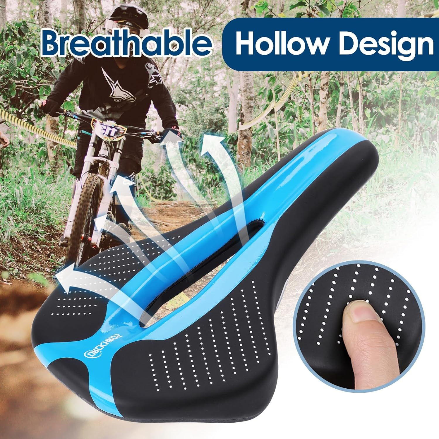 Bike Seat Bicycle Saddle with Light Buckle, Secpeak Ultra Comfortable Ergonomic Waterproof Breathable Bicycle Seat Cushion with Installation Tool and Rain Cover - Black+Blue image number 6