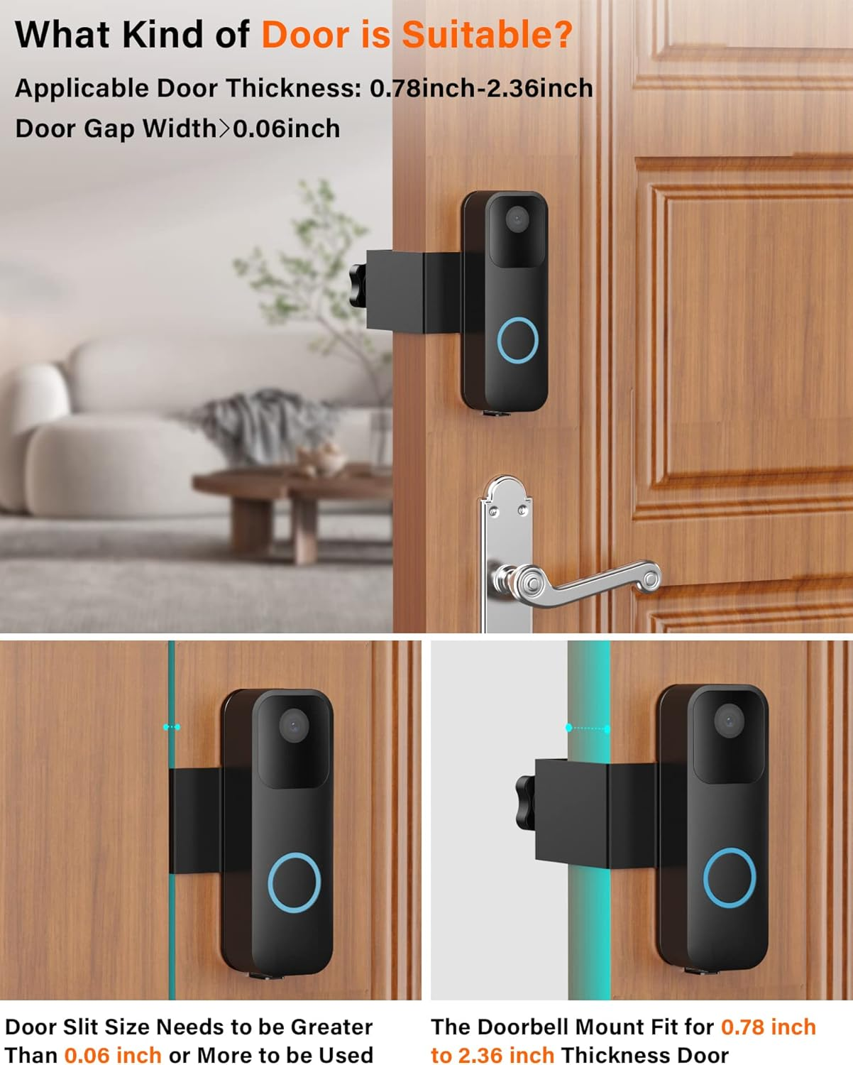 Anti-Theft Blink Video Doorbell Door Mount, No Drilling Stainless & Aluminum Video Camera Doorbell Mount for Apartment Renters Home Office Room - Doorbell Not Included (Black) image number 2