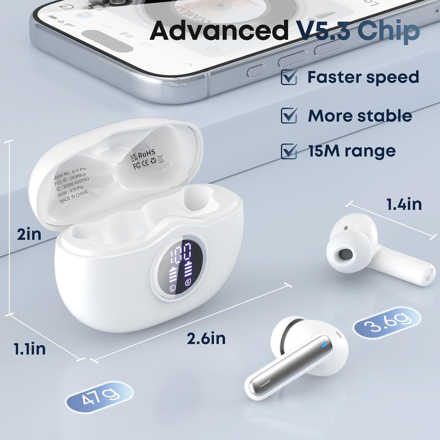 Fhumsh Wireless Earbuds, Bluetooth 5.3 Hifi Stereo Headphones Oil White image number 5