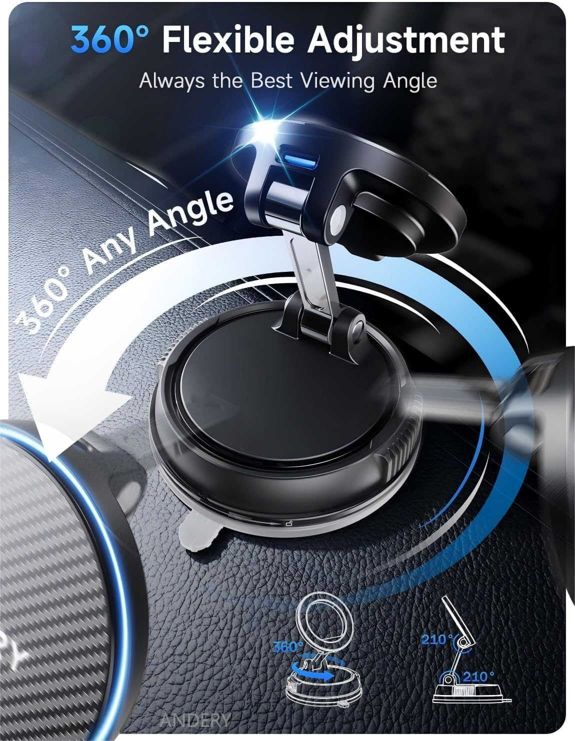 ANDERY Only for Iphone Mag-Safe Car Mount Charger [15W Fast Wireless Charging, 78+LBS Strong Suction 2400Gf Strong Magnetic] 360&deg; Adjustable Car Phone Holder, Phone Holders for Your Car for Pats/Mats image number 1