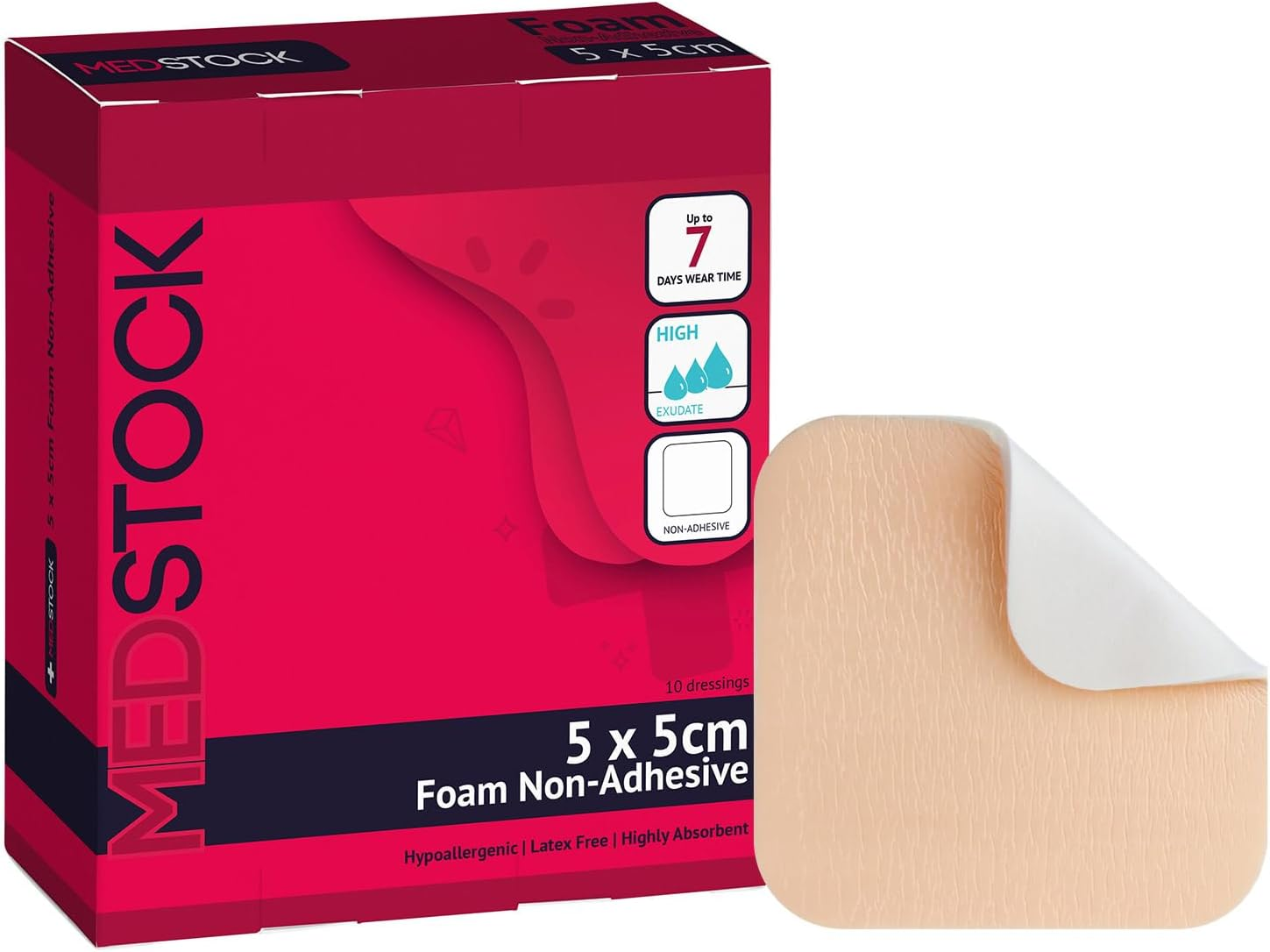 MEDSTOCK Foam Non-Adhesive Dressing, 5CM X 5CM, 10 Count, Wound Care, Odour Control Foam Dressing for Wounds, Non-Adhesive, High Absorption, Hypoallergenic, CMC Granules, Optimal for Wound Healing