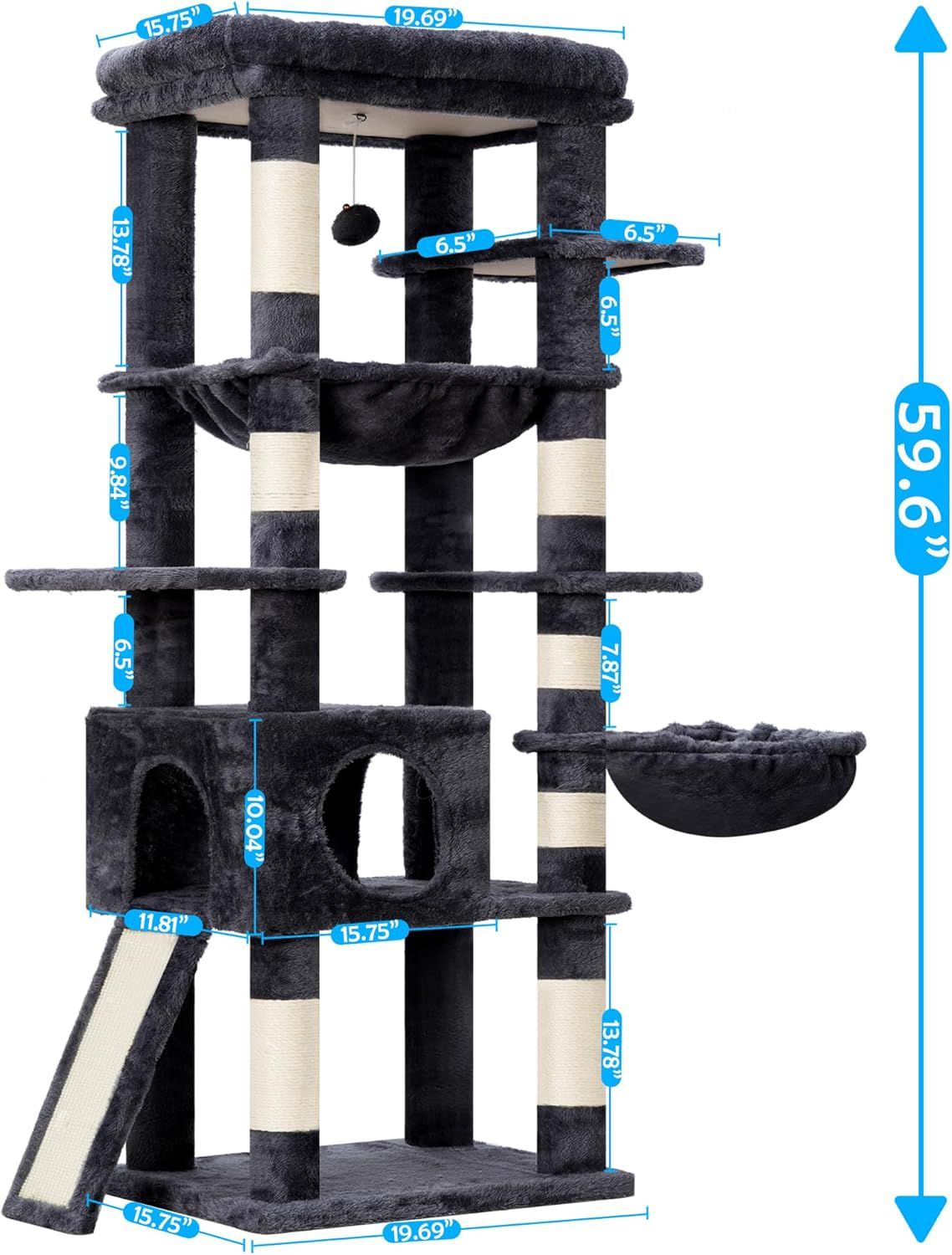 Hey-Brother Cat Tree with Large Top Perch and Hammock, 150 Cm Multi-Level Cat Tower for Indoor Cats, Cat Condo with Sisal-Covered Scratching Posts, Smoky Gray MPJ057G image number 2