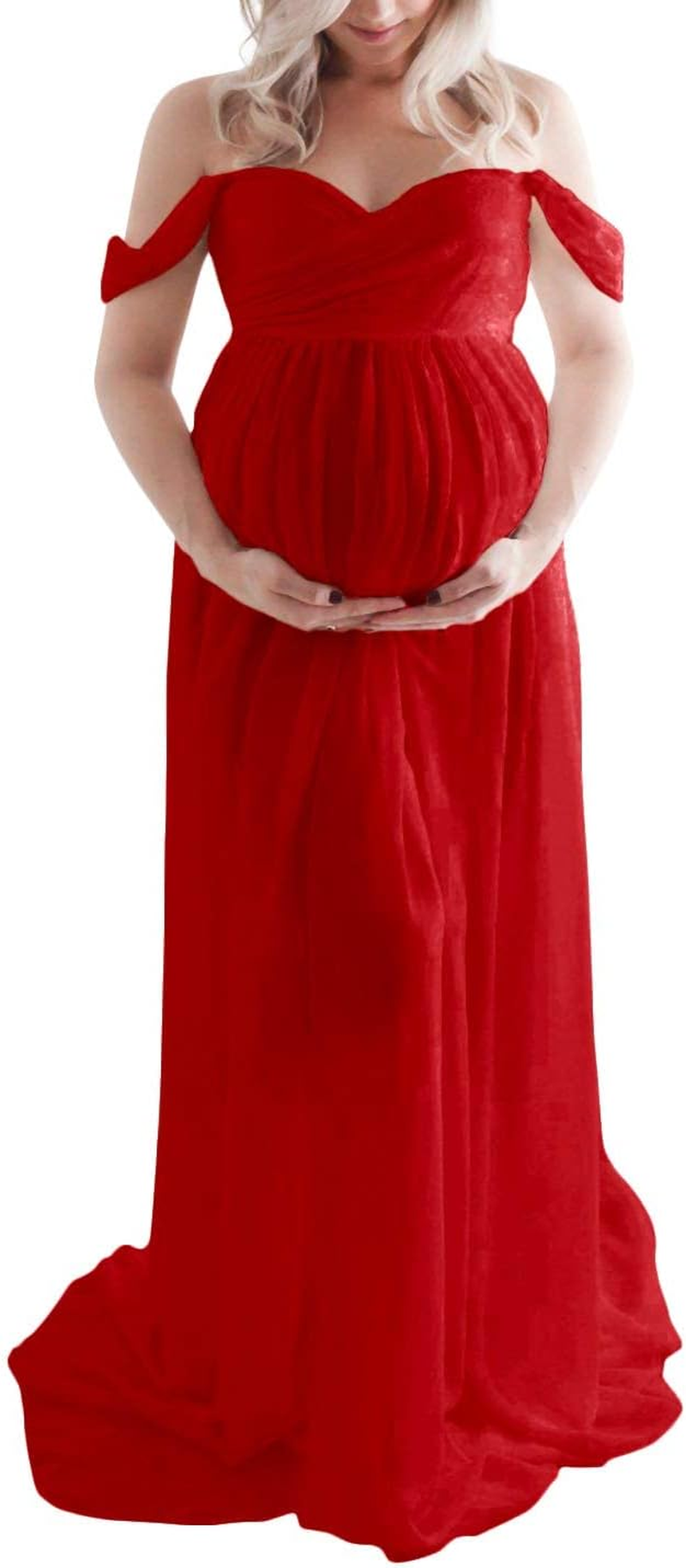 MYKAGS Maternity Dress for Photography off Shoulder Chiffon Gown Split Front Maxi Pregnancy Dresses (Red)