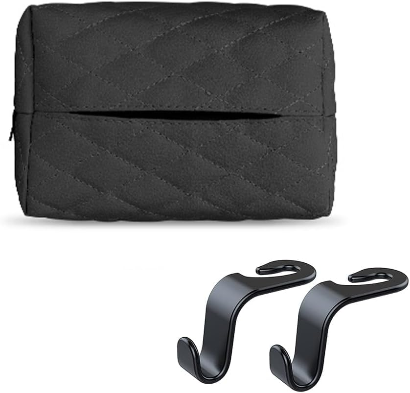 Car Tissue Holder Set, Leather PU Tissues Box Cover for Car Backseat Large Rectangle Napkin Holder Soft Rectangulars for Storage& Organization with 2Pcs Hooks