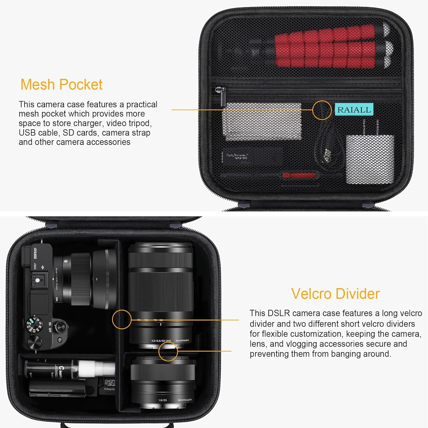 RAIALL Camera Case for Sony Alpha A6000/A6100/A6400/A6700/ Sony Alpha 7 II III IV/7R V Mirrorless Digital Camera and Lens, Vlogging Camera Hard Travel Bag with a Shoulder Strap and 3 Dividers, Black image number 3