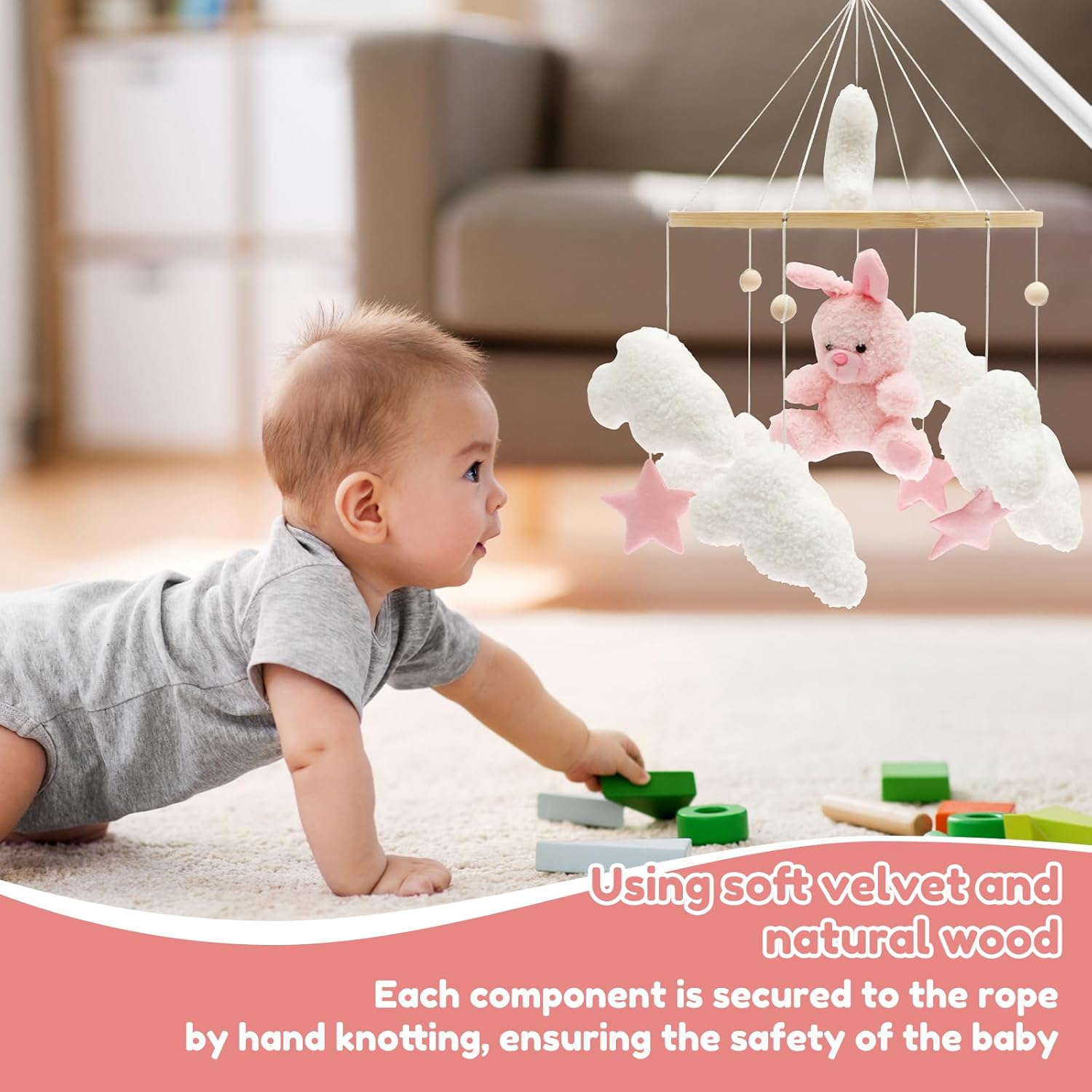 Baby Crib Mobile for Boys Girls Bassinet Soft Plush and Wood Nursery Mobile Cute Baby Bed Bell Charming Nursery Decor for Infant Newborn(Pink Rabbit)