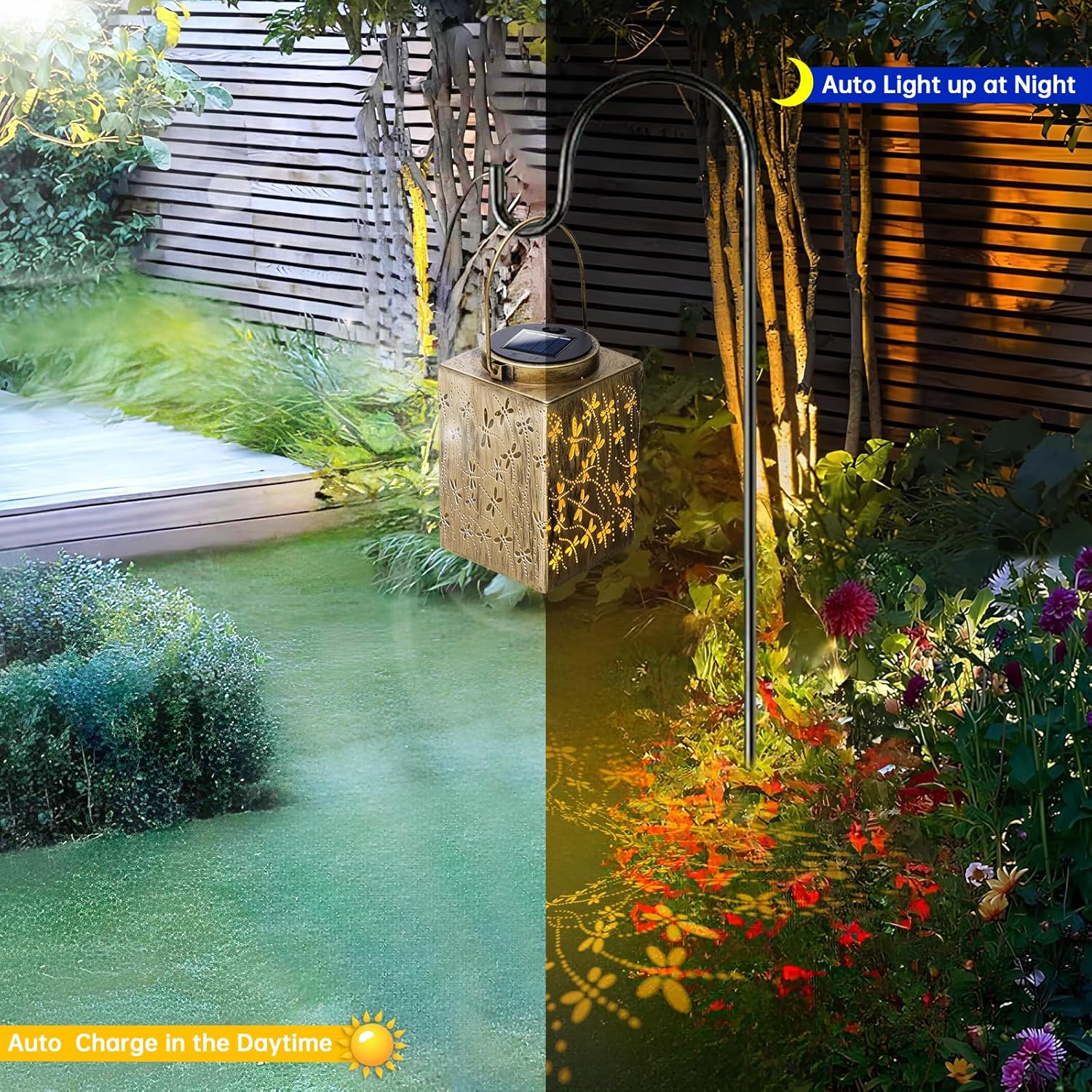 2 Pack Solar Lanterns - Waterproof Metal Hanging Solar Lights Outdoor Decorative, Solar Powered LED Lantern Lamp for Patio Balcony Tabletop Porch Deck Yard Garden Decor for outside (Square Dragonfly) image number 1