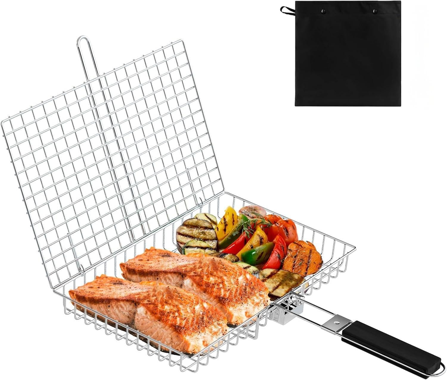 Grill Basket Extra Large,Barbecue Accessories,Stainless Steel BBQ Grill Basket Portable Camping Grilling Rack with Removable Handle for Fish,Vegetables,Grilling Gifts for Men, Dad (32 * 23 * 4CM) image number 5