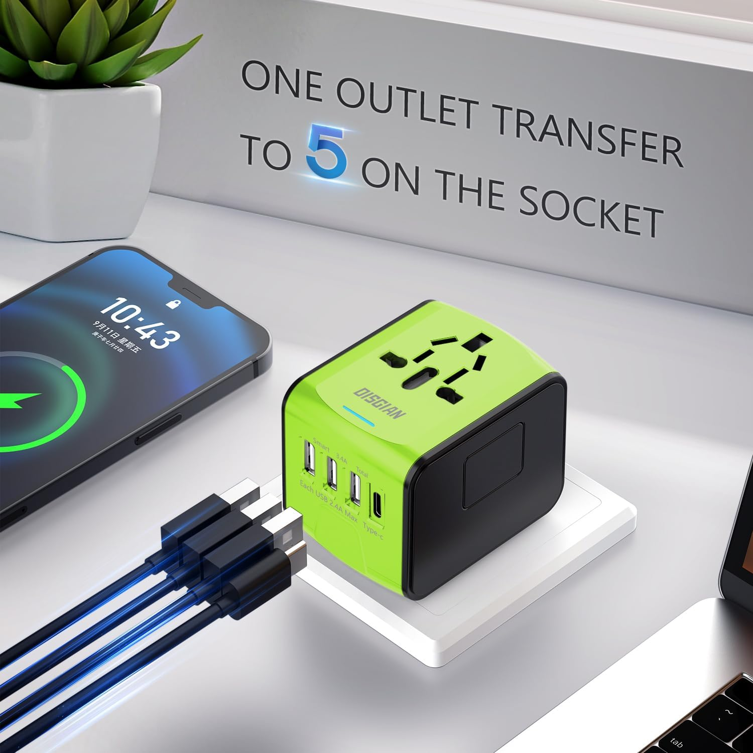 Travel Adapter, Universal International Power Adapter with 3USB Port and Type-C International Wall Charger Worldwide AC Power Plug for Multi-Nation Travel UK, EU, AU over 200 Countries (Green) - Black image number 3