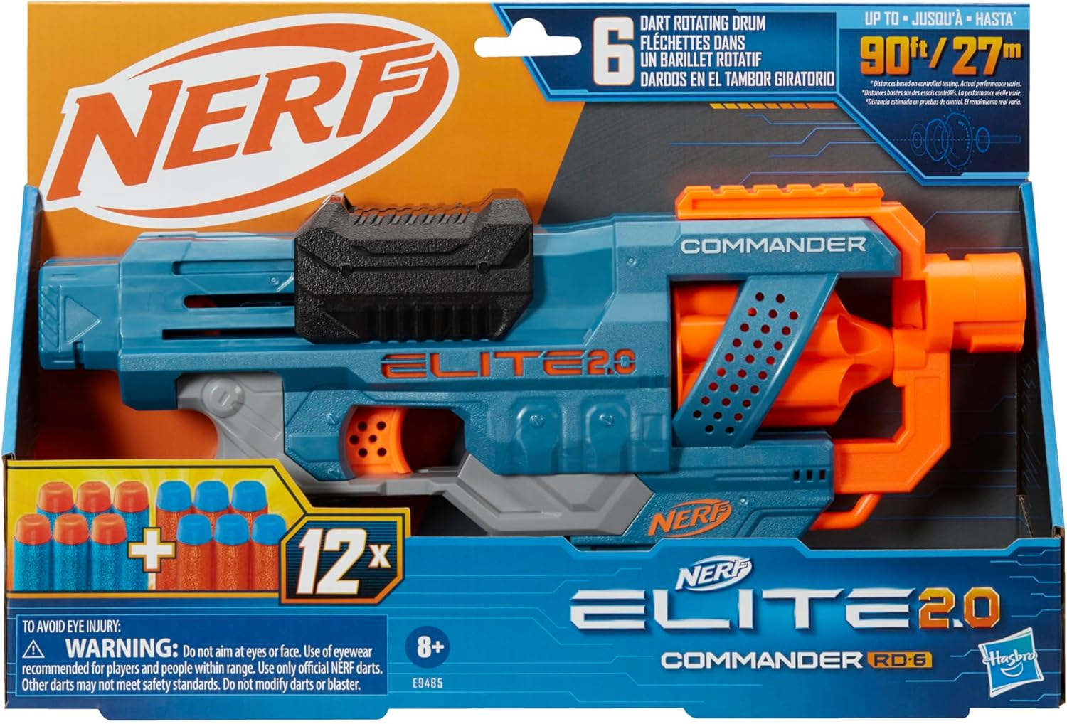 NERF Hasbro Elite 2.0 - Commander RD-6 Blaster - Us Version - 12 Offi Darts - 6-Dart Rotating Drum - Tactical Rails - Barrel and Stock Attachment Points - Toys for Kids - E9485 - Ages 8+, Multicolor