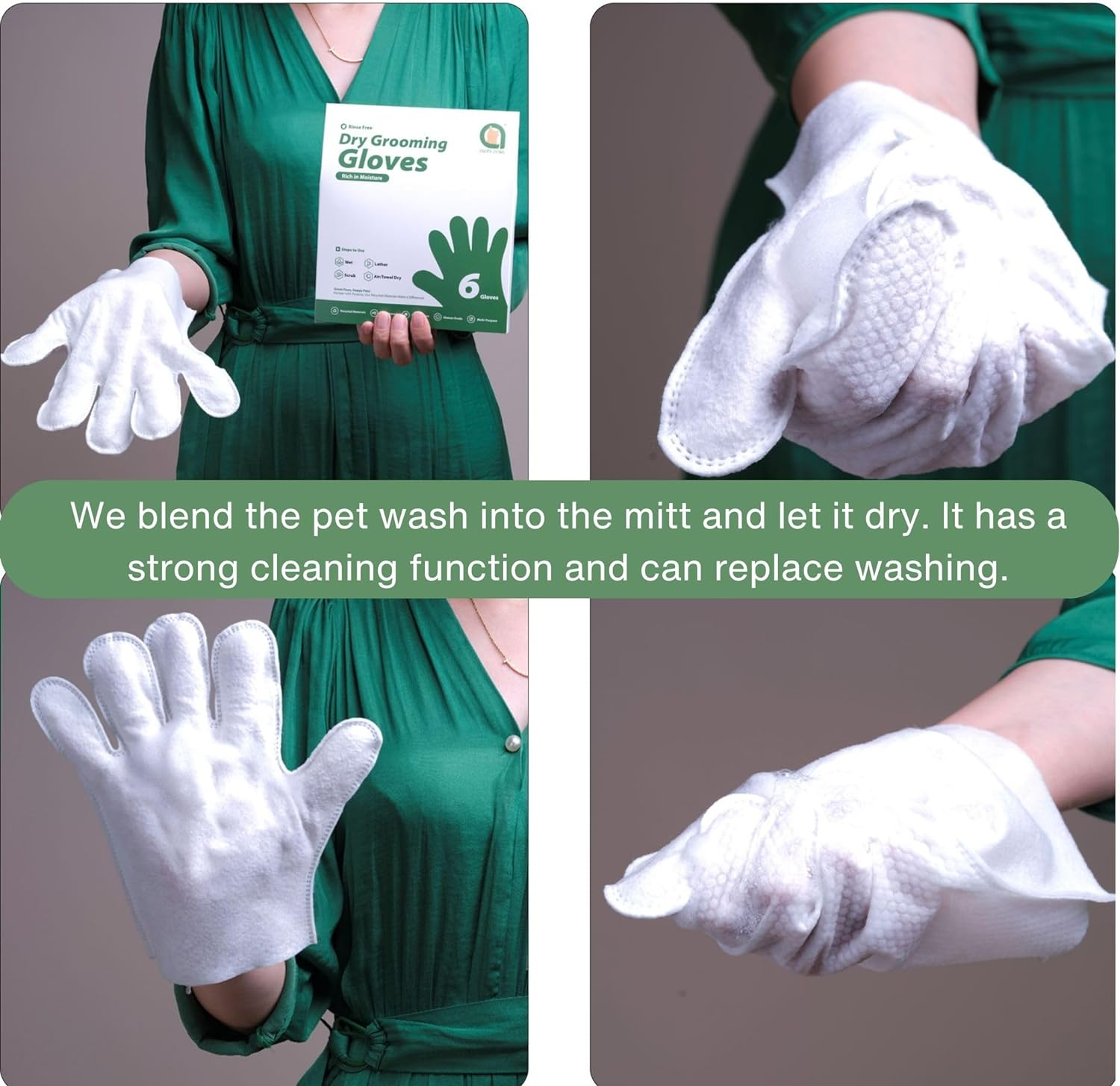 Dog Cleaning Gloves Wipes, Pet Cat Grooming Glove, Disposable Enhanced Five Finger Design Pet Glove Wipes for Dogs, Rinse Free Dry Gloves Suitable for Pet Families Cleaning (6 Gloves) image number 1