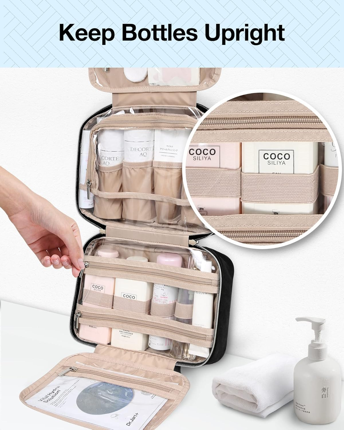 BAGSMART Toiletry Bag Hanging Travel Makeup Organizer with TSA Approved Transparent Cosmetic Bag Makeup Bag for Full Sized Toiletries, Black, Large, Travel image number 3