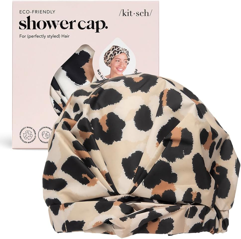Kitsch Luxury Shower Cap for Women - Reusable Shower Cap for Long Hair with Non Slip Silicone Grip | Waterproof Hair Cap for Shower One Size | Stylish Hair Cover for Shower (Blush Dot)