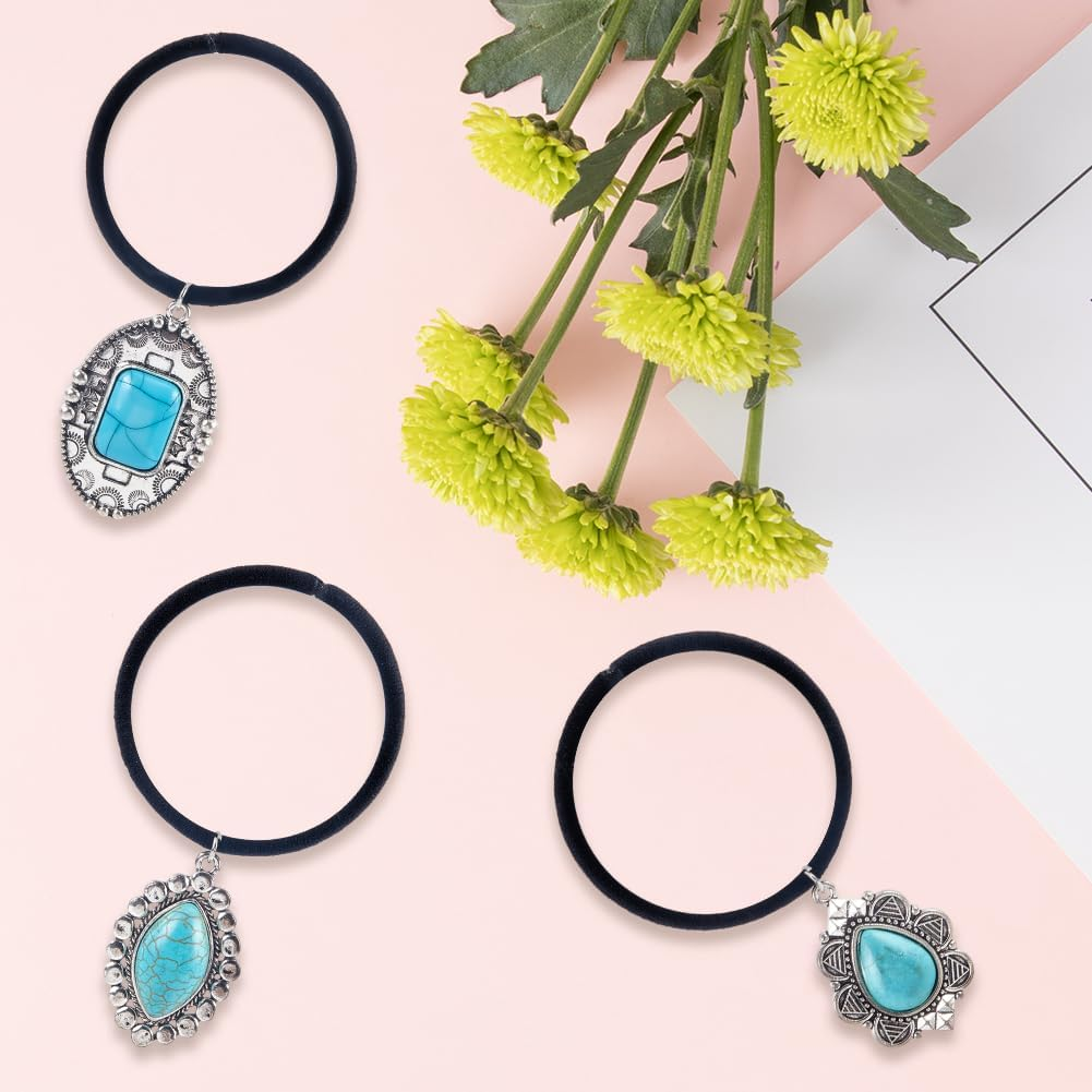 CABODYALS Pack of 3 3 Styles Western Style Turquoise Decorative Hair Bobbles Bracelet Vintage Boho Metal Ponytail Holder Cowgirl Elastic Hair Bands Rope for Women Party Outfit Dresses Accessories