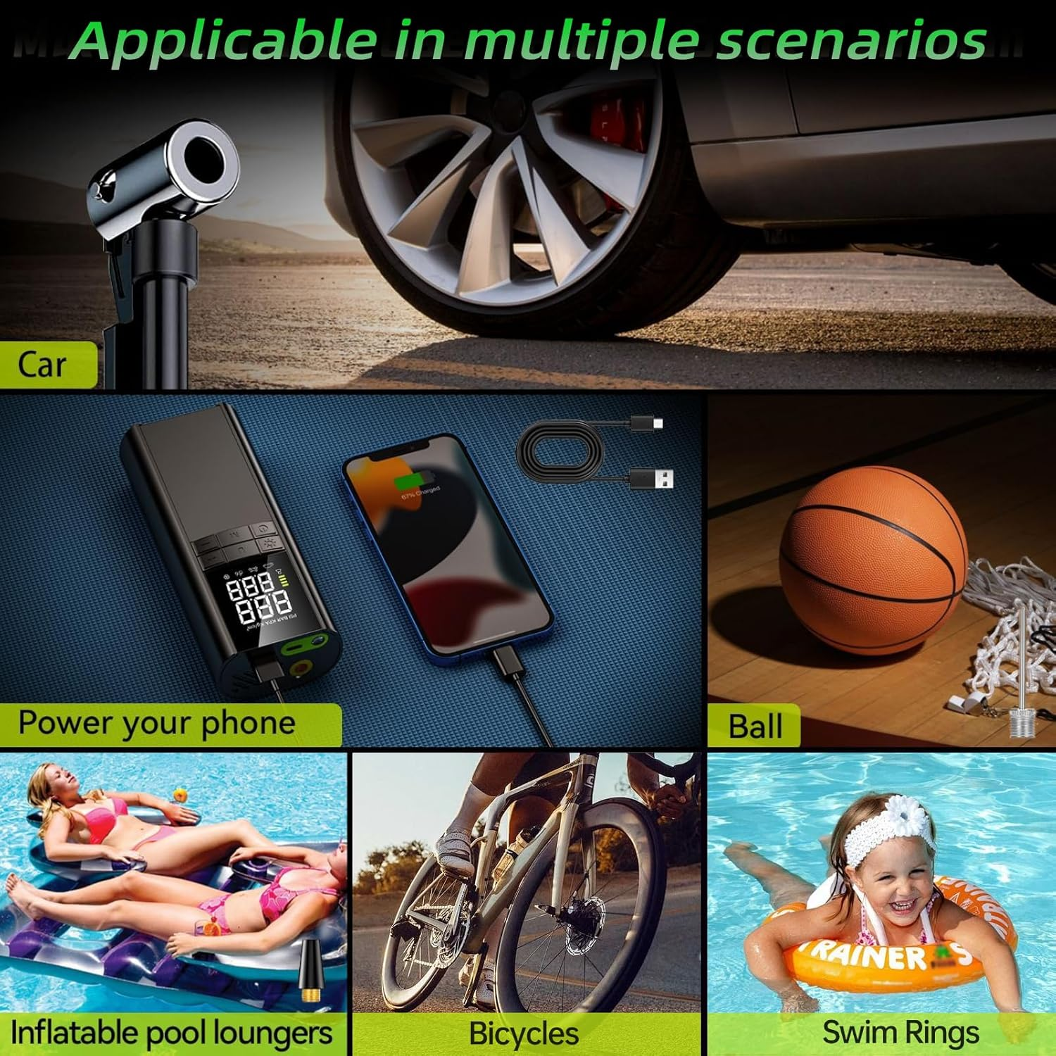 Portable Tire Inflator, Powered by 8000Mah Battery, Inflates Cars, Motorcycle, Bicycle, Ball, LED Light, USB Output Port, High Speed Airflow, with Storage Bag for Drivers, Bikers image number 2