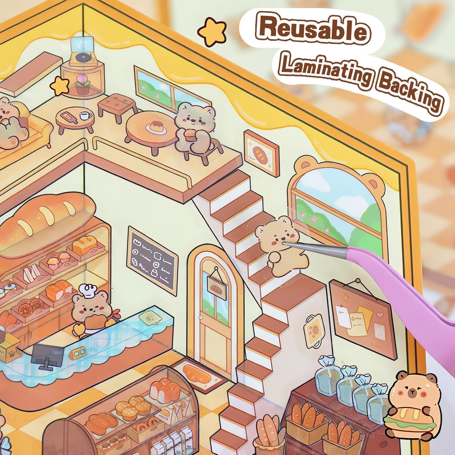 Sensogle DIY 3D Sticker Scene for Kids, 20 Sets Collection Book Scene Make Your Own Home, Supermarket, Music Bar, Cute 3D Cartoon Scene Stickers for Relief Stress Pass the Time - B image number 1