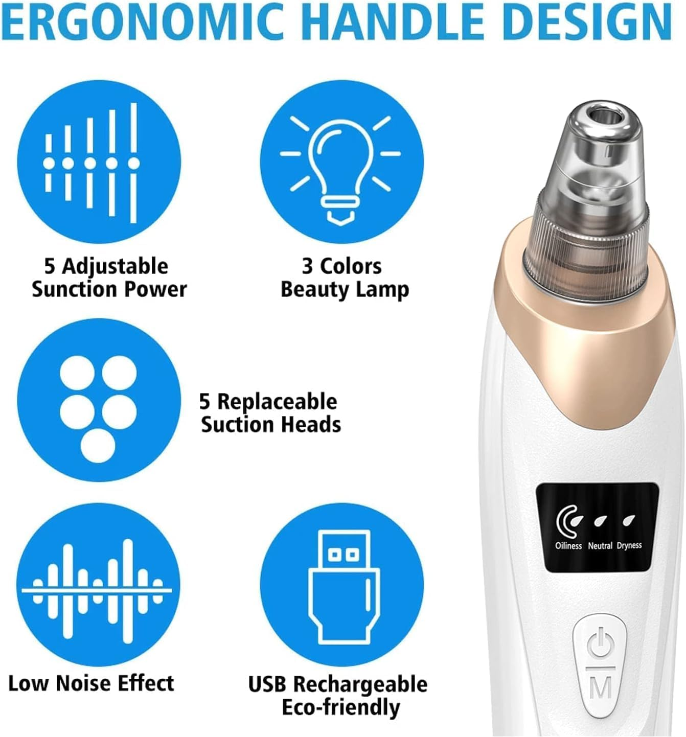 Annuoyi Blackhead Remover Vacuum, with 5 Detachable Facial Cleaning Suction Heads, USB Rechargeable Acne Removal Vacuum Kit, Suitable for Female and Male Facial Skin(White)